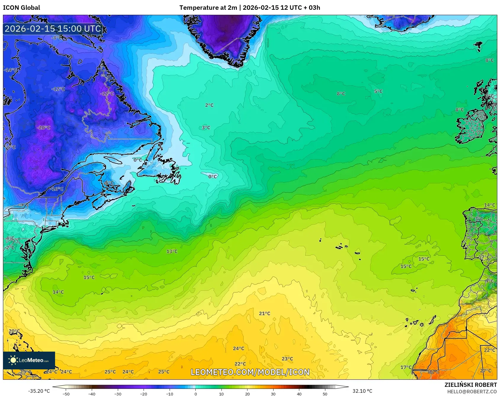 ICON model - North Atlantic, Temperature at 2m