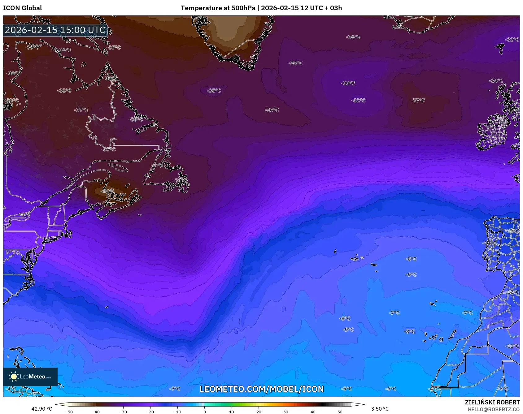 ICON model - North Atlantic, Temperature at 500hPa