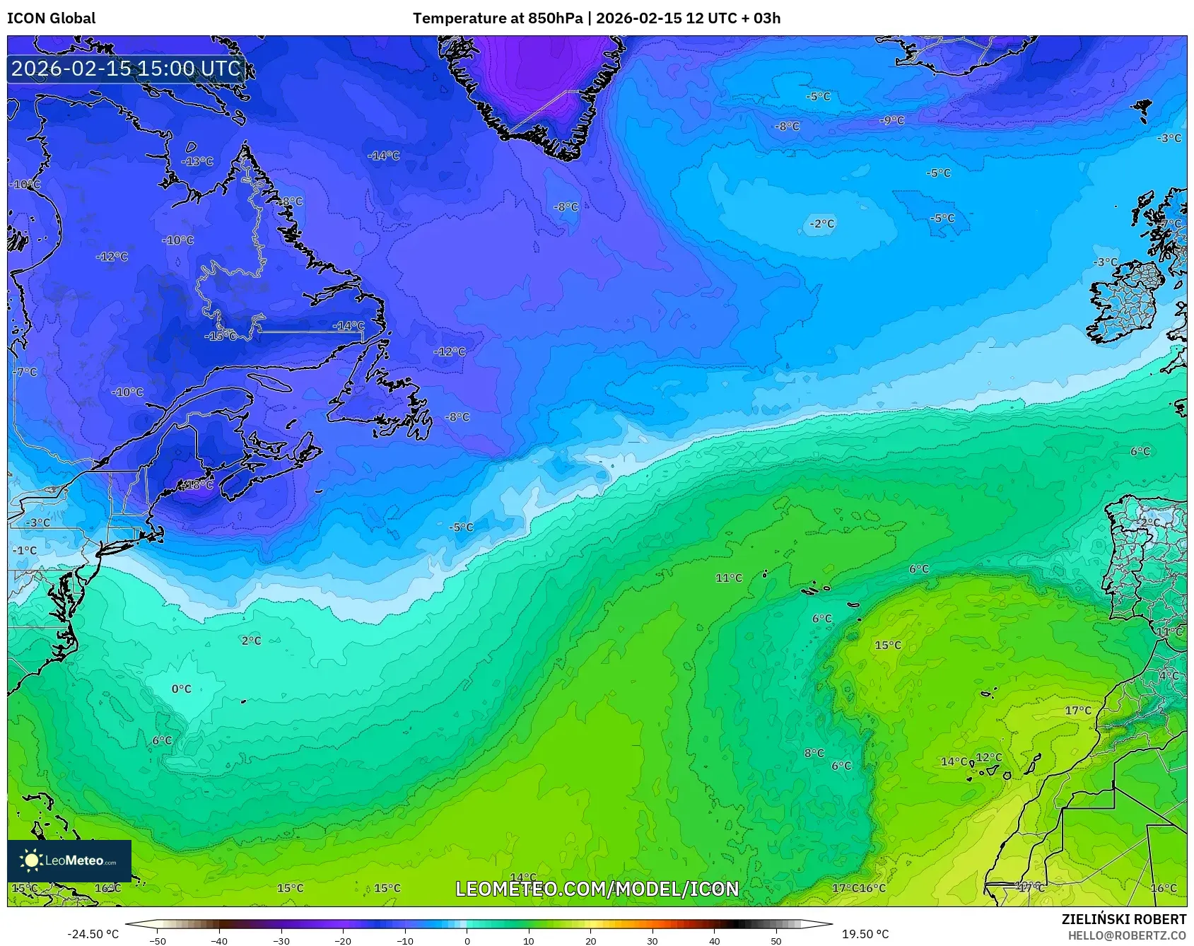 ICON model - North Atlantic, Temperature at 850hPa