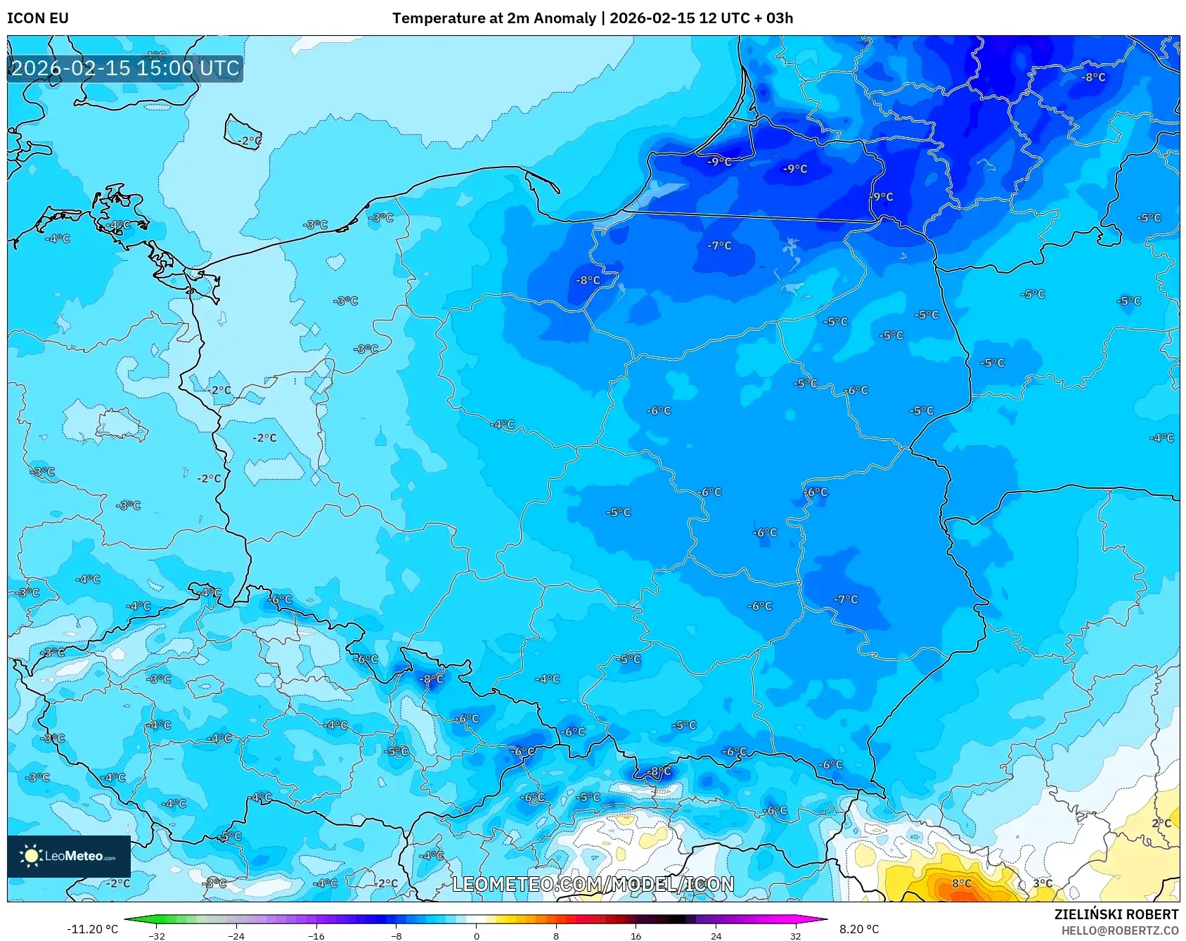 ICON model - Poland, Temperature at 2m Anomaly