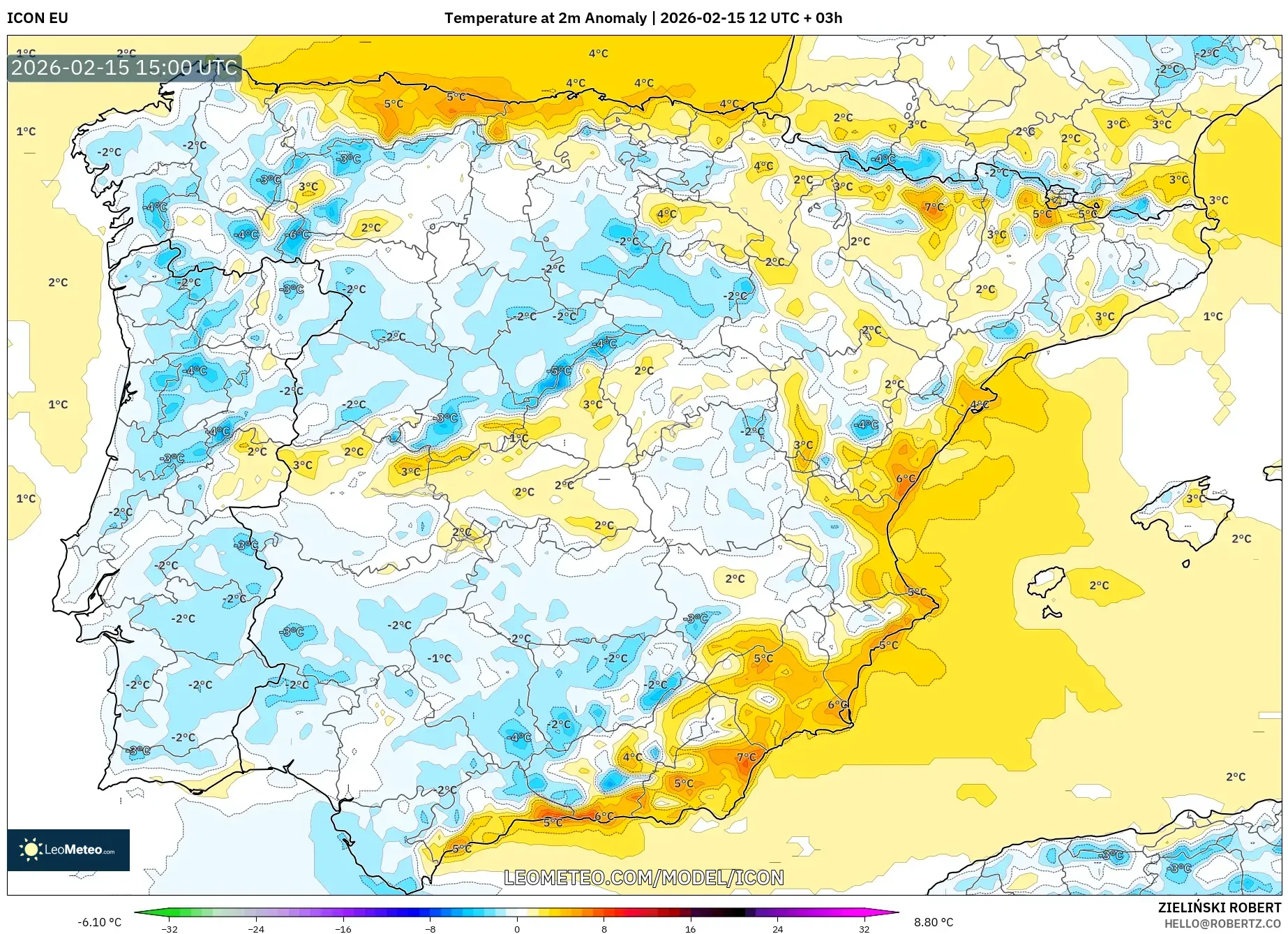 ICON model - Spain, Temperature at 2m Anomaly