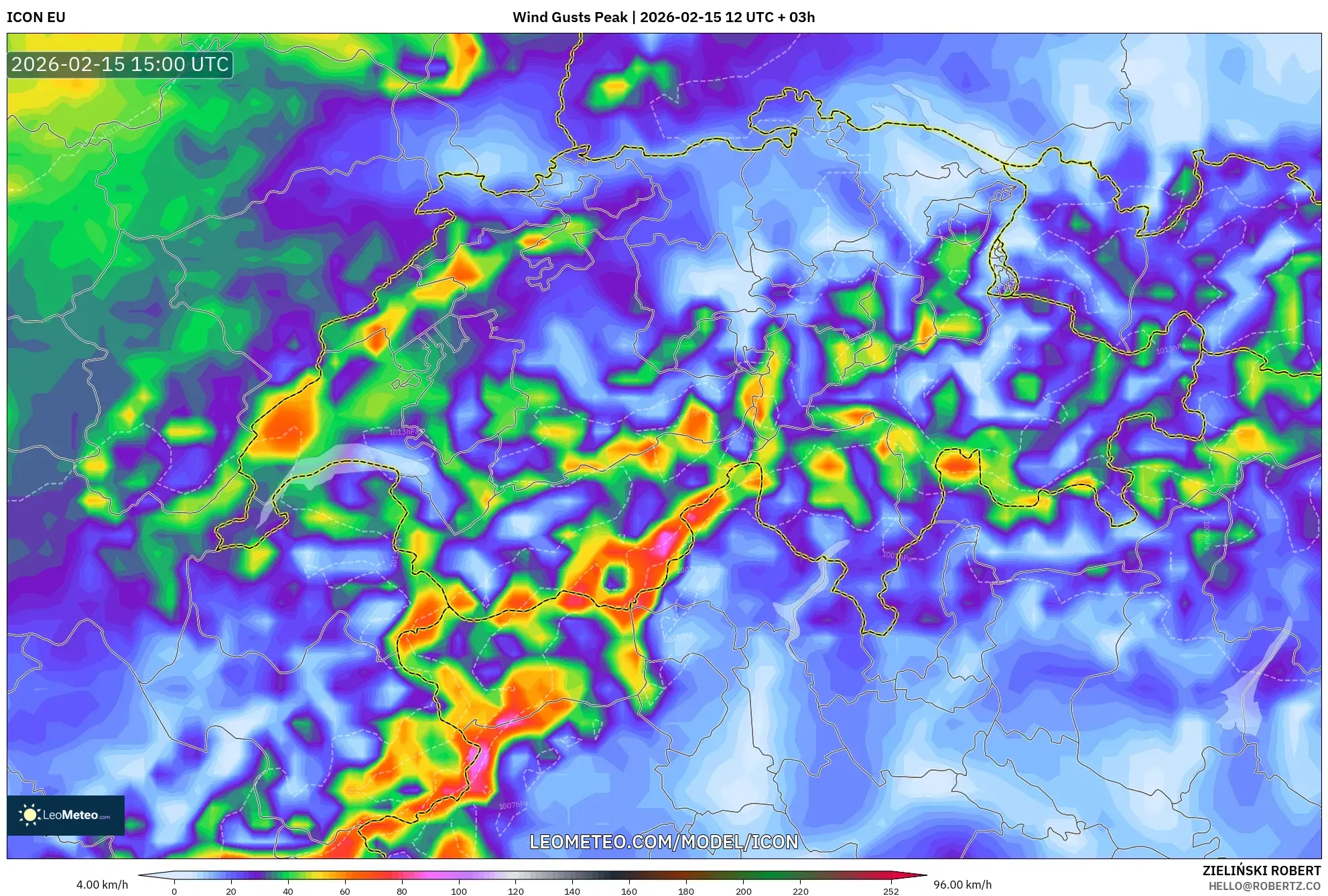ICON model - Switzerland, Wind Gusts Peak