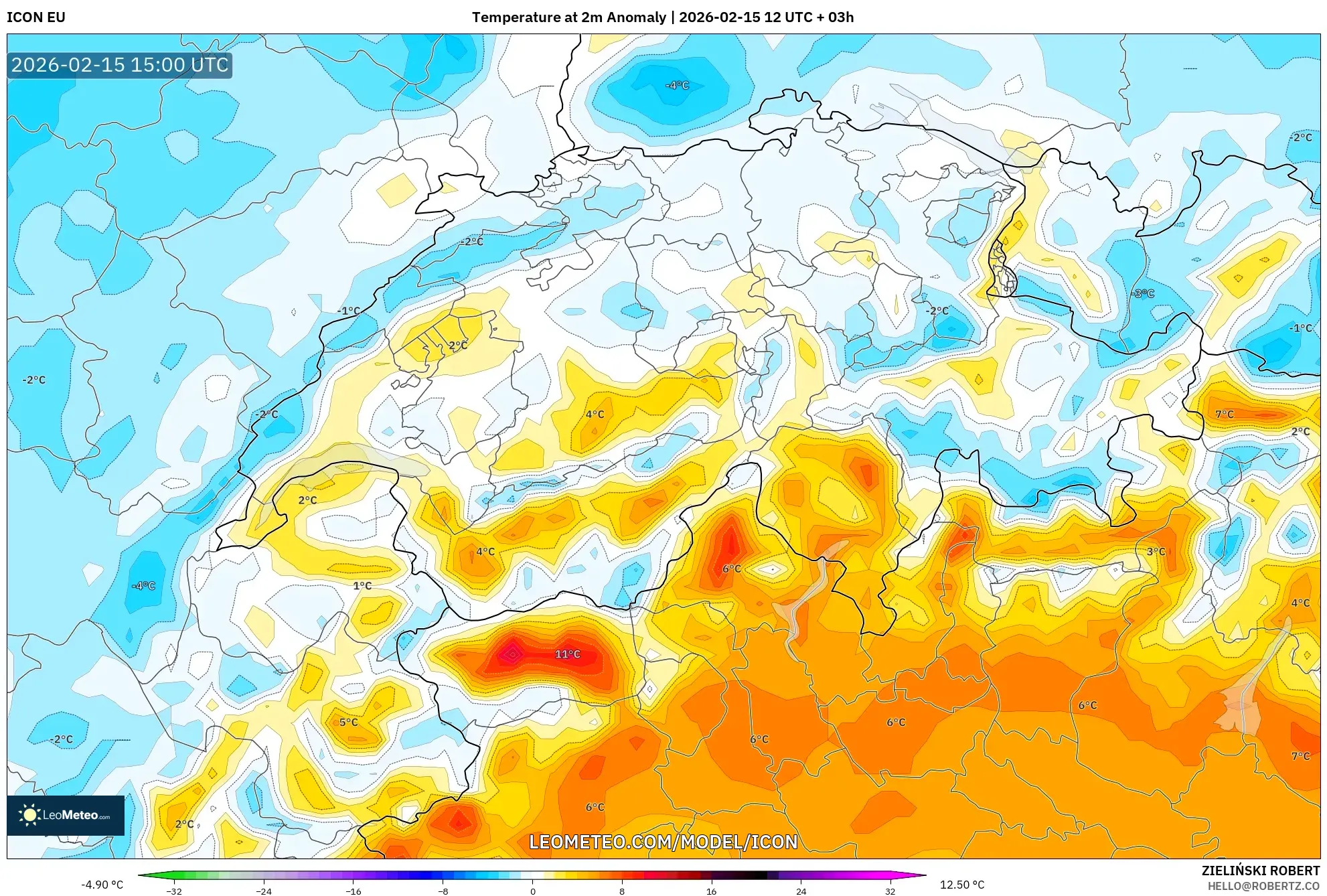 ICON model - Switzerland, Temperature at 2m Anomaly