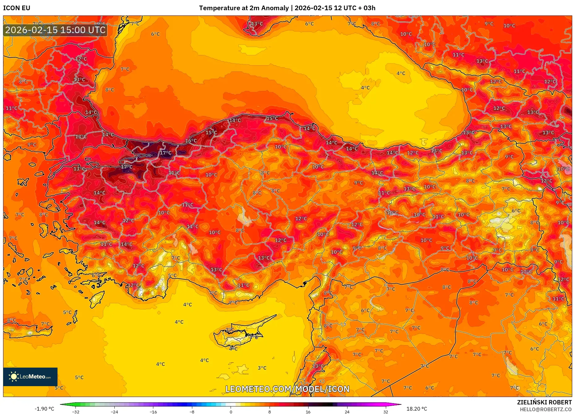ICON model - Turkey, Temperature at 2m Anomaly