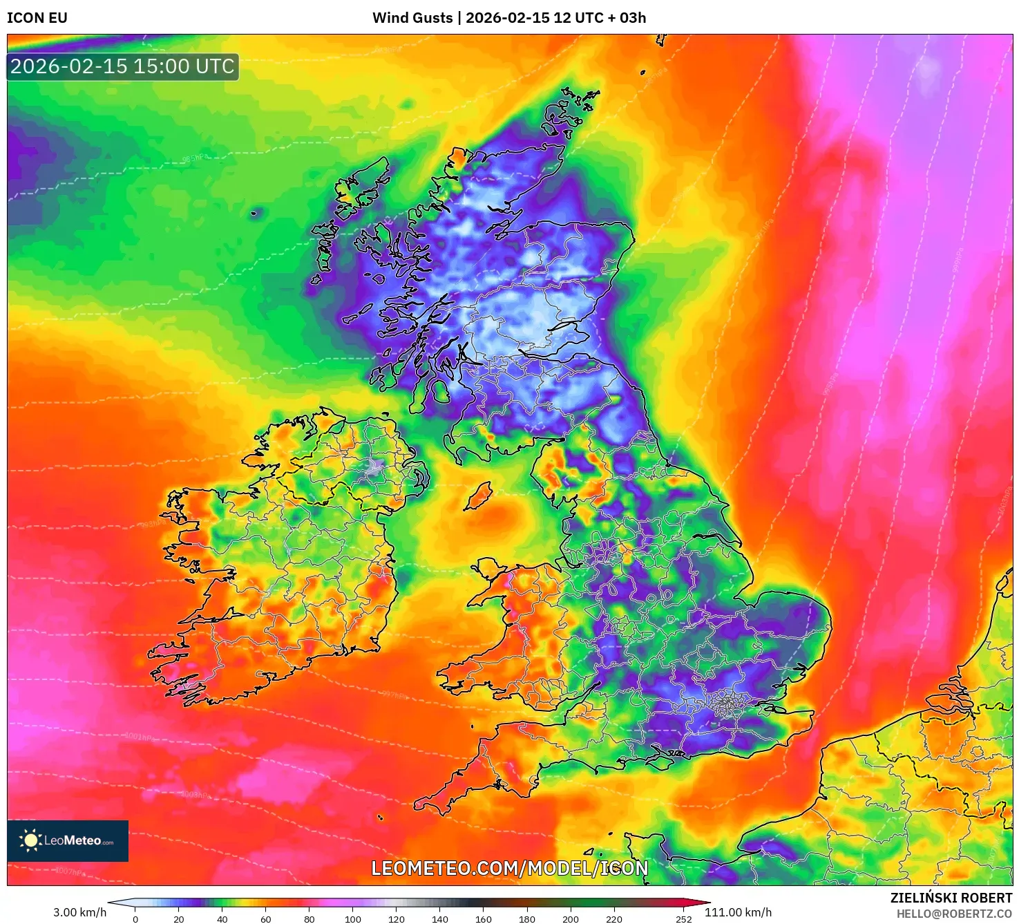 ICON model - United Kingdom, Wind Gusts