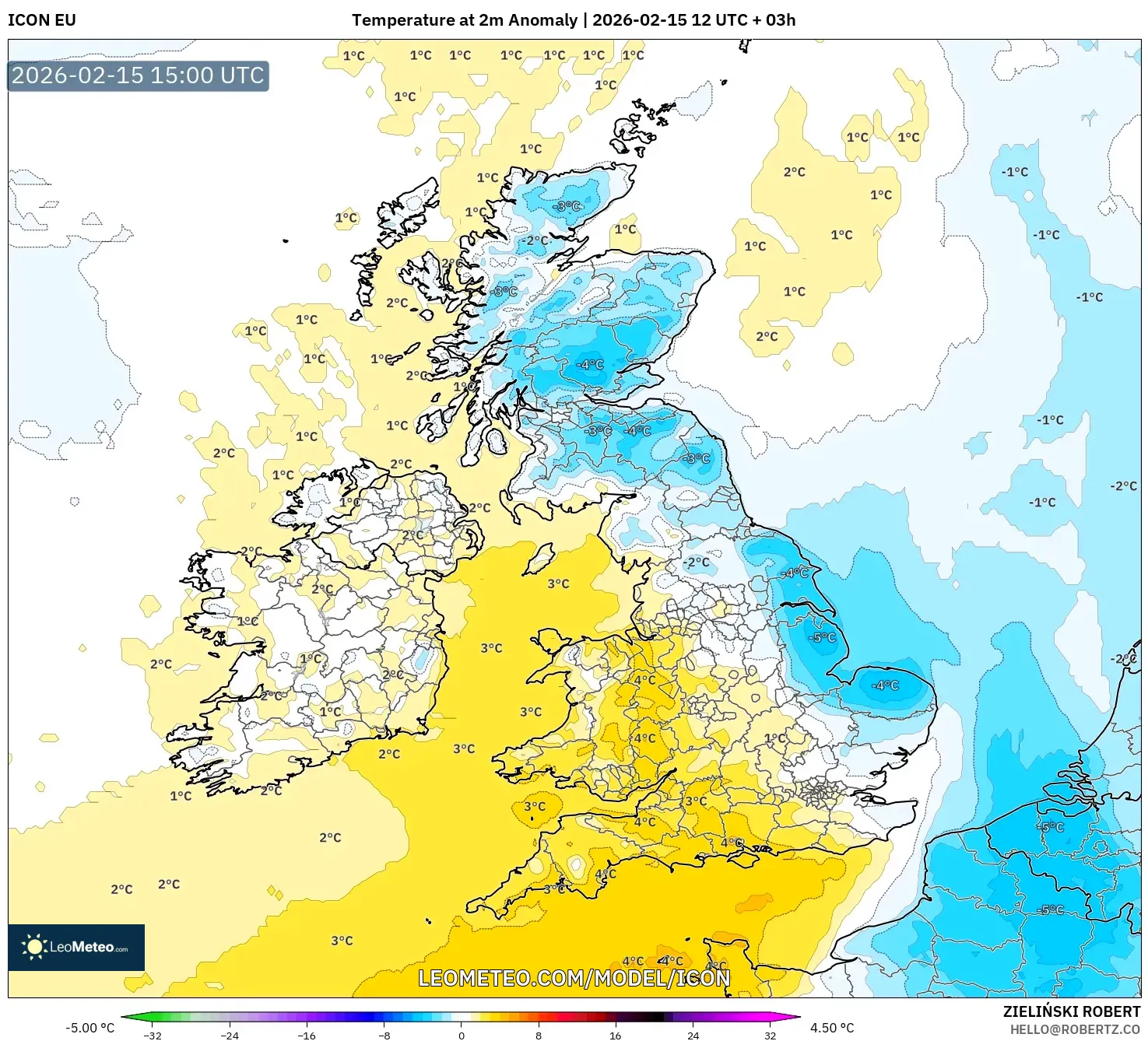 ICON model - United Kingdom, Temperature at 2m Anomaly
