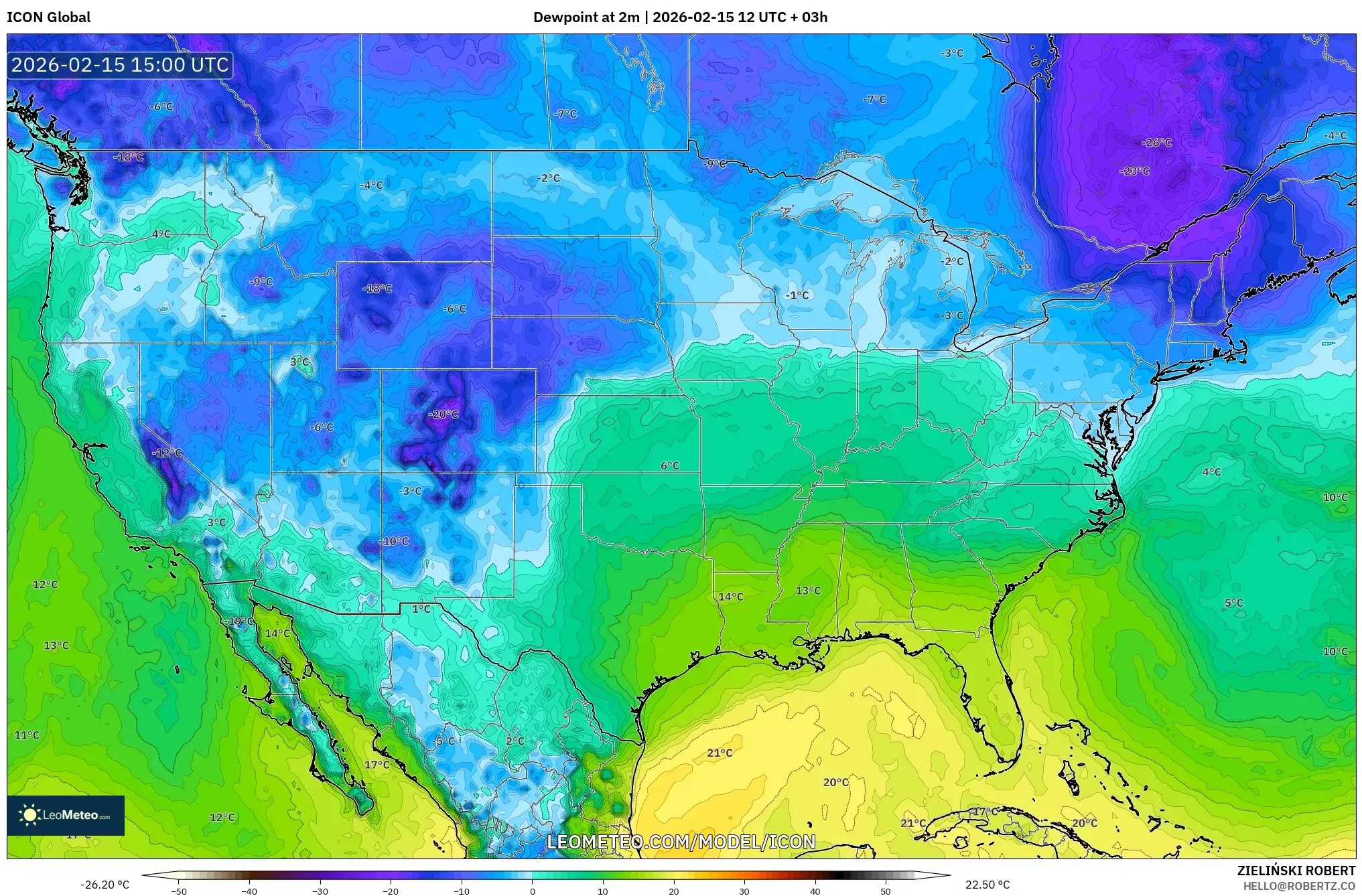ICON model - United States, Dewpoint at 2m