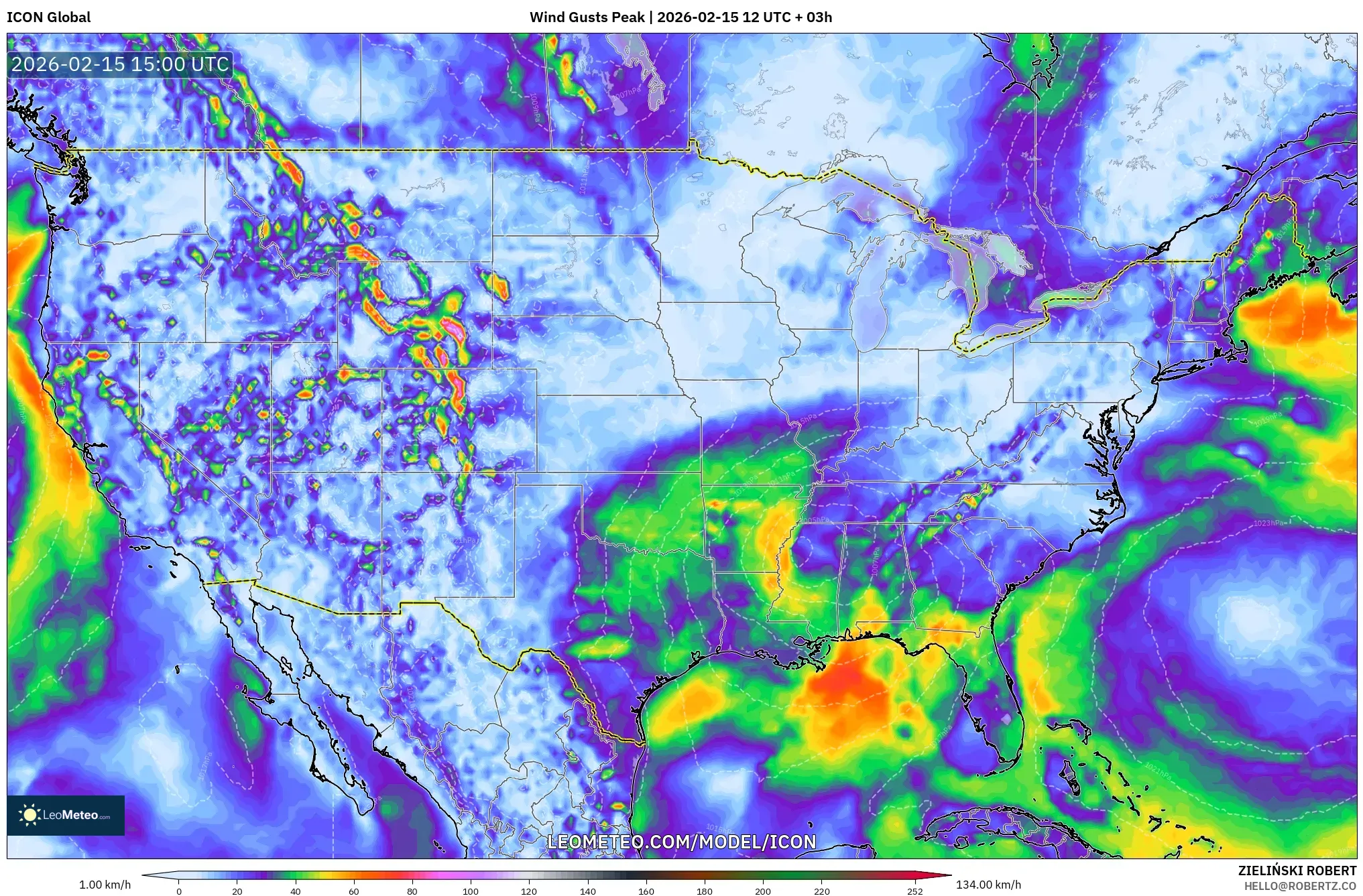 ICON model - United States, Wind Gusts Peak