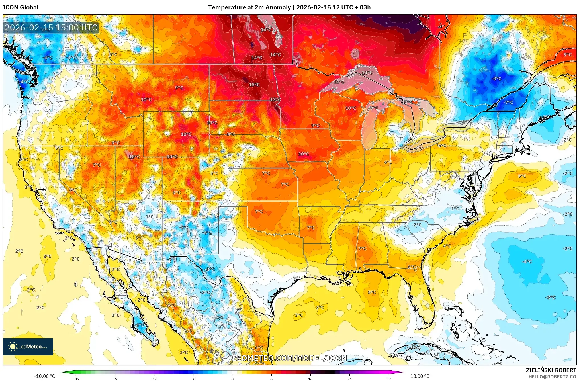 ICON model - United States, Temperature at 2m Anomaly