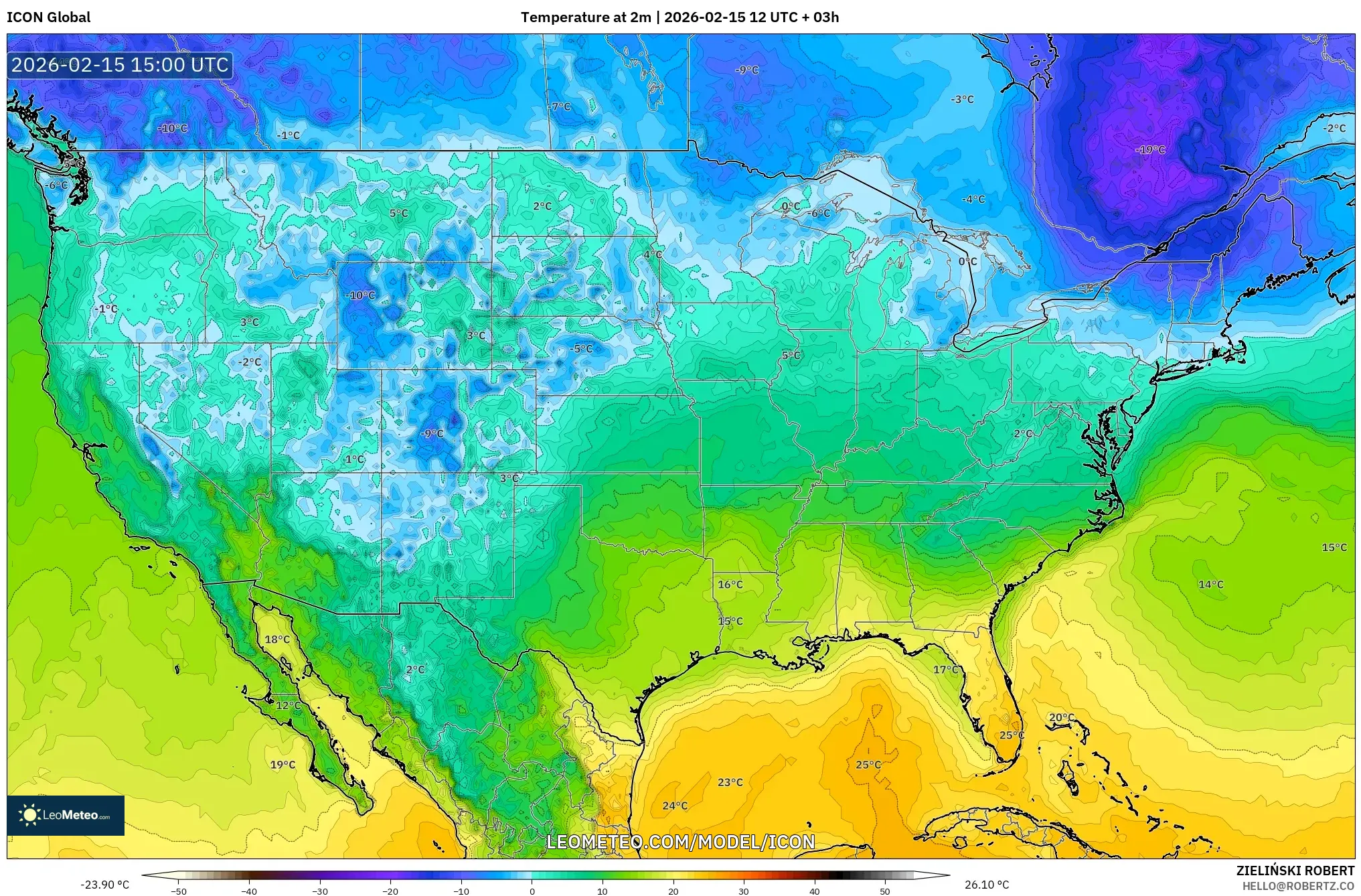 ICON model - United States, Temperature at 2m