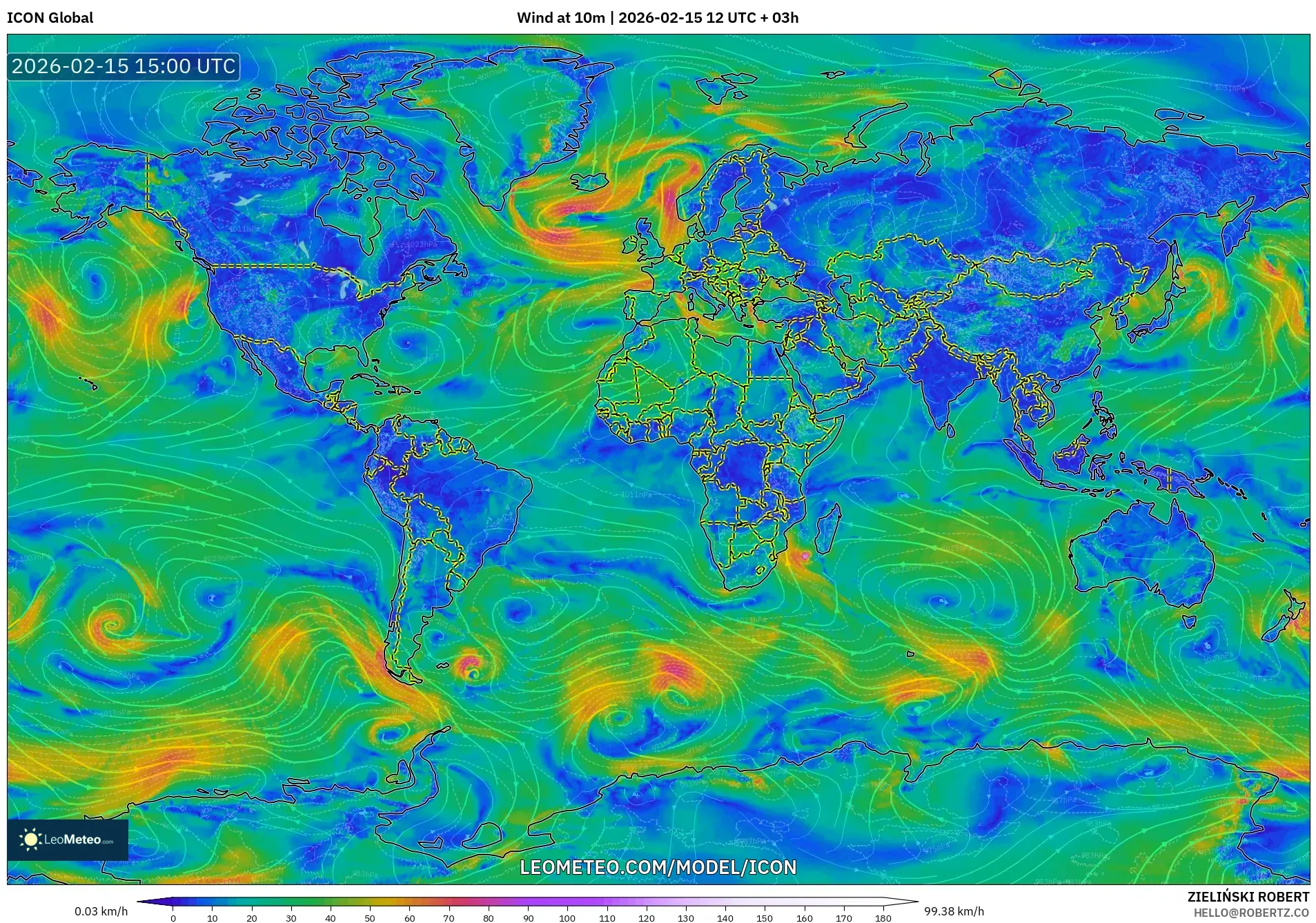 ICON model - World, Wind at 10m