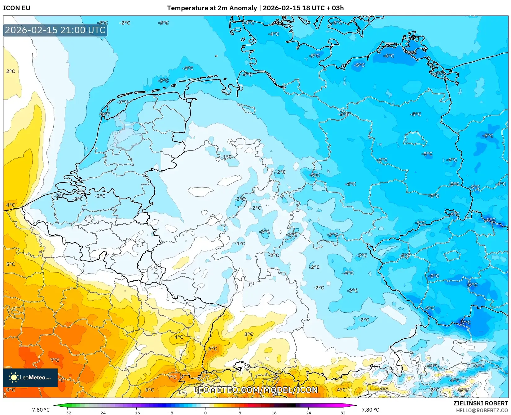 ICON model - Germany, Temperature at 2m Anomaly