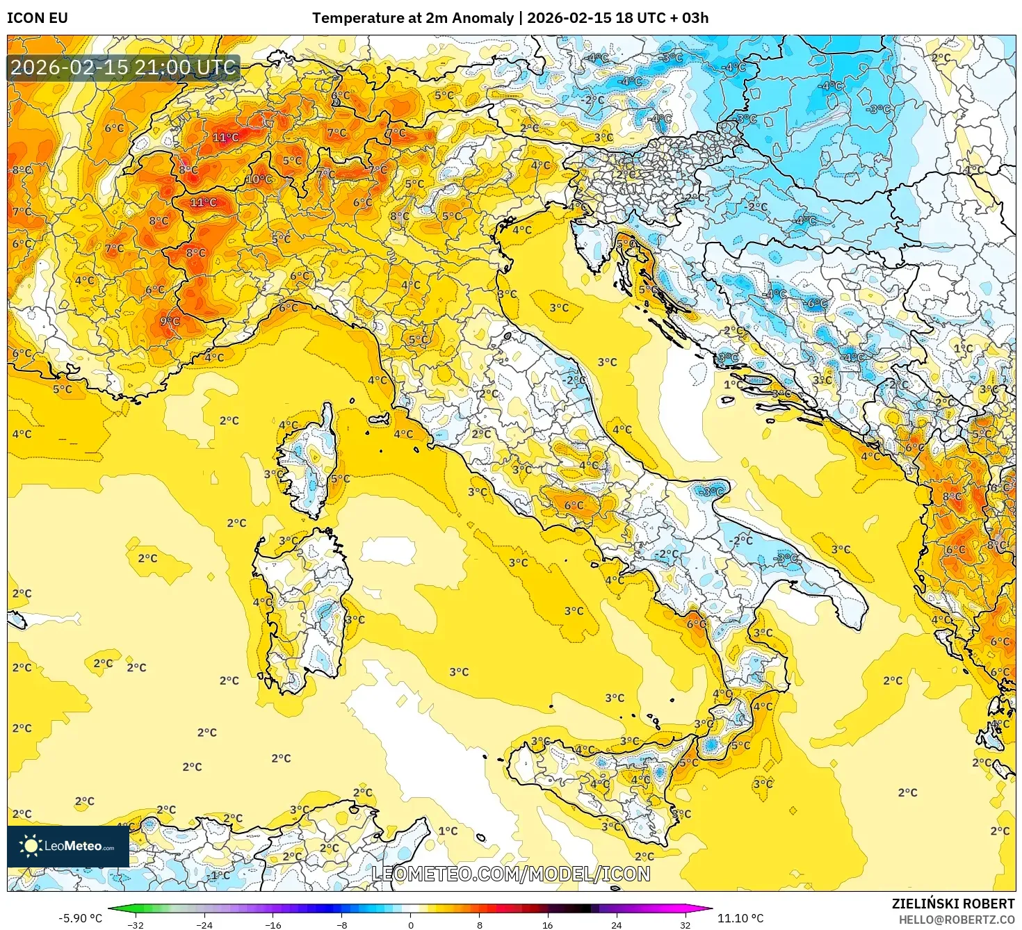 ICON model - Italy, Temperature at 2m Anomaly