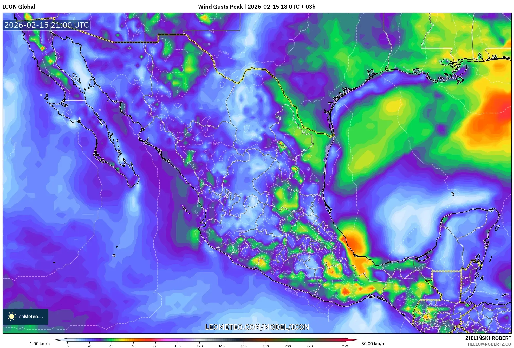 ICON model - Mexico, Wind Gusts Peak
