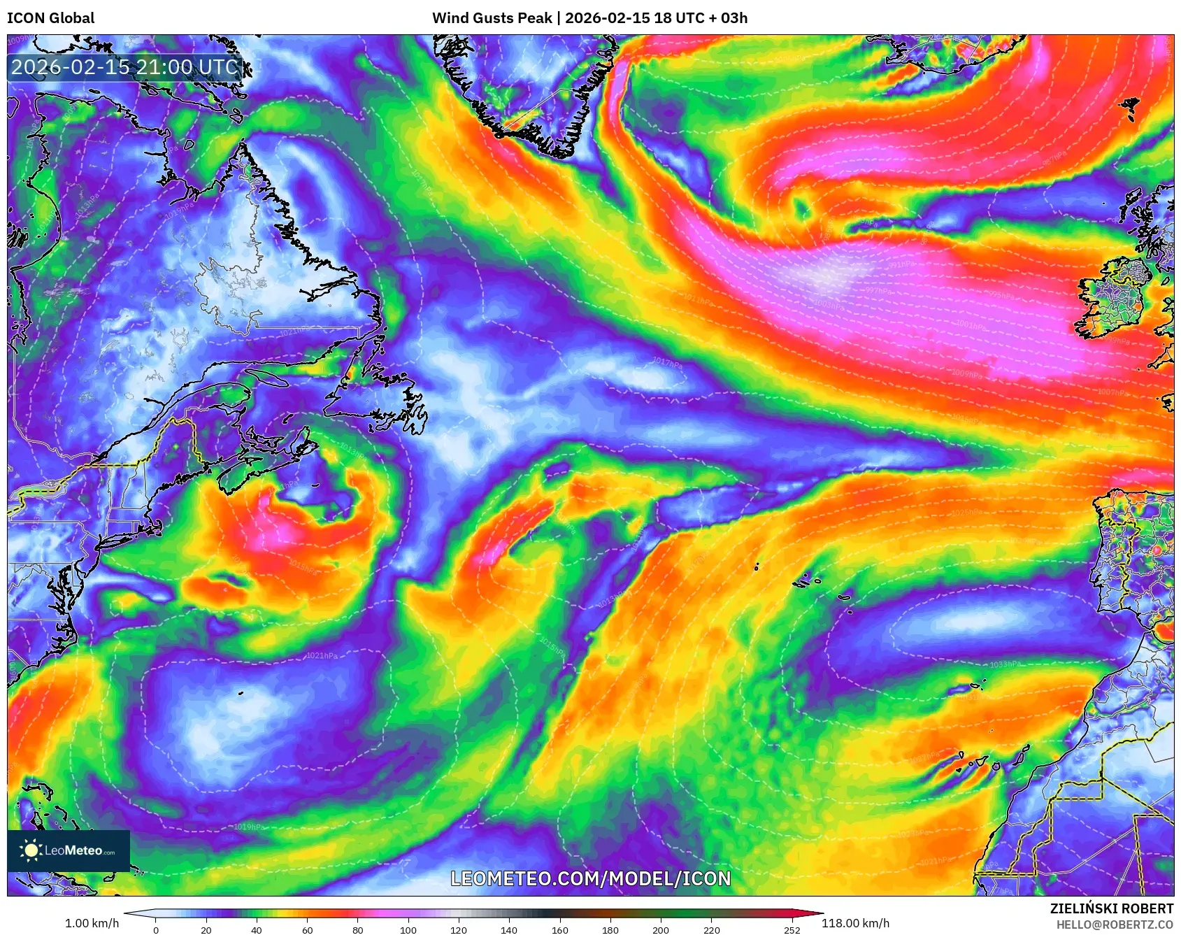 ICON model - North Atlantic, Wind Gusts Peak