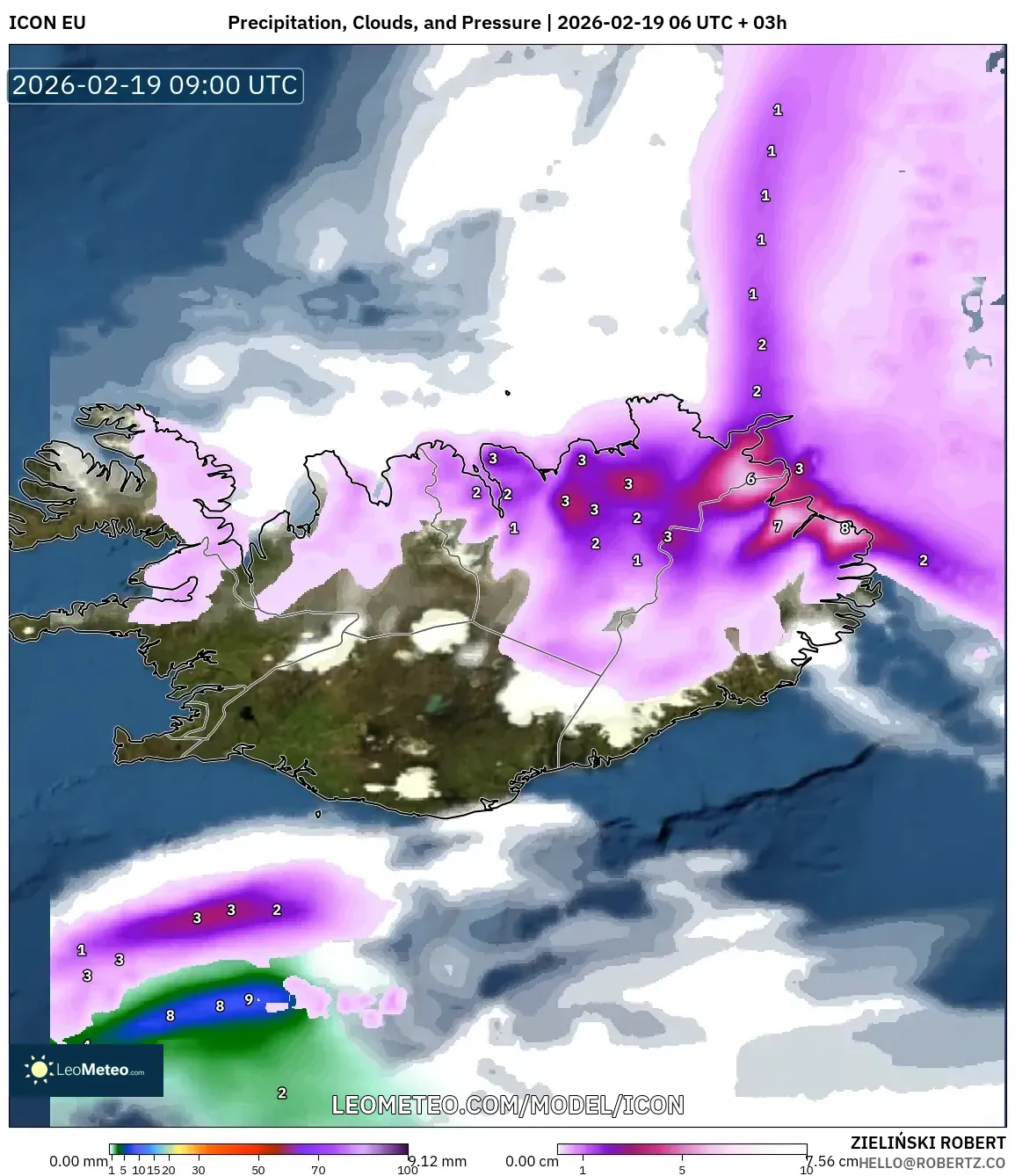 ICON model - Iceland, Precipitation, Clouds, and Pressure