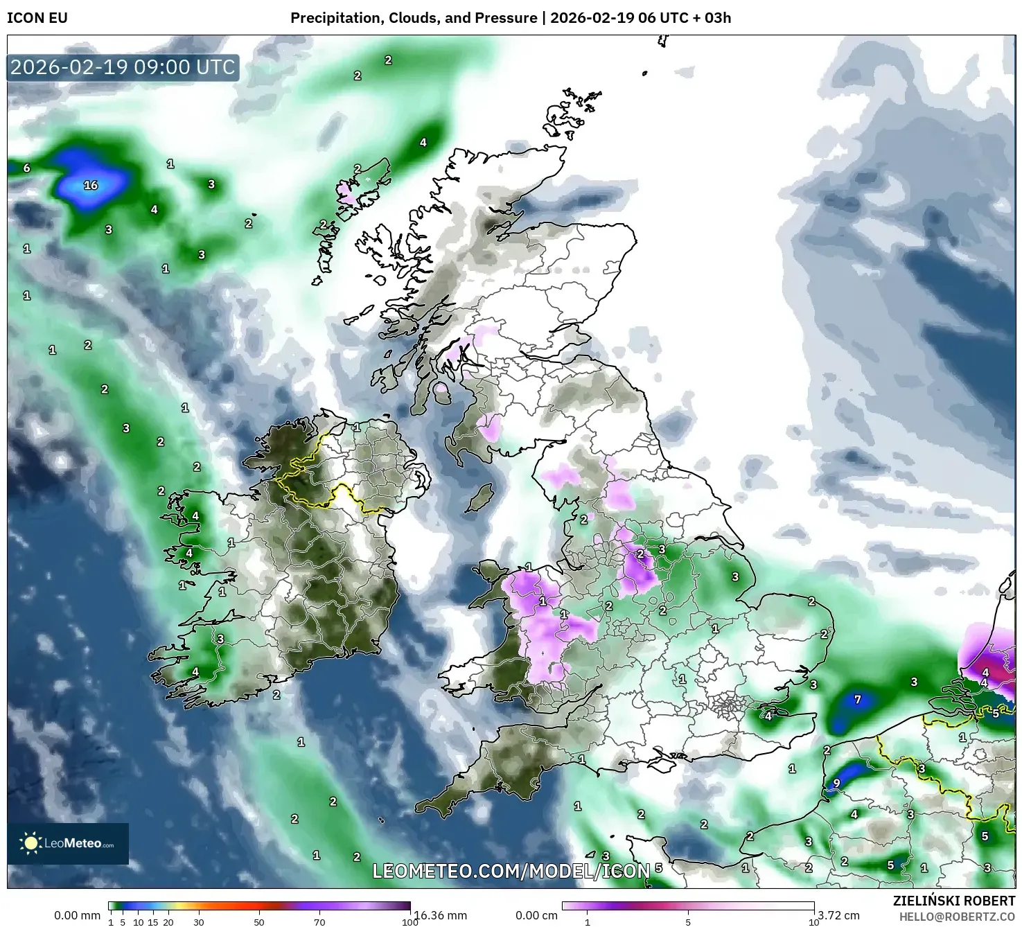 ICON model - United Kingdom, Precipitation, Clouds, and Pressure