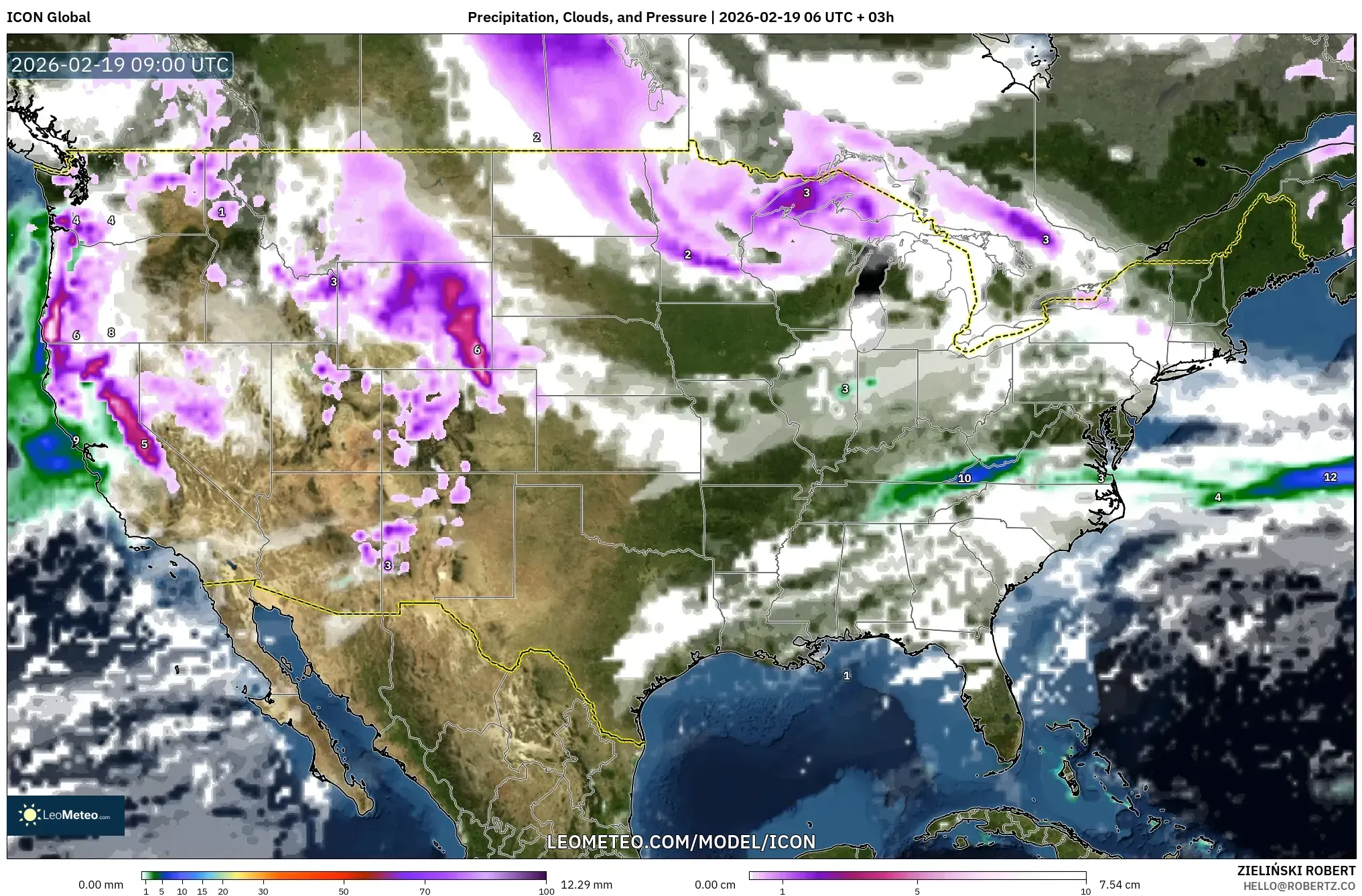 ICON model - United States, Precipitation, Clouds, and Pressure