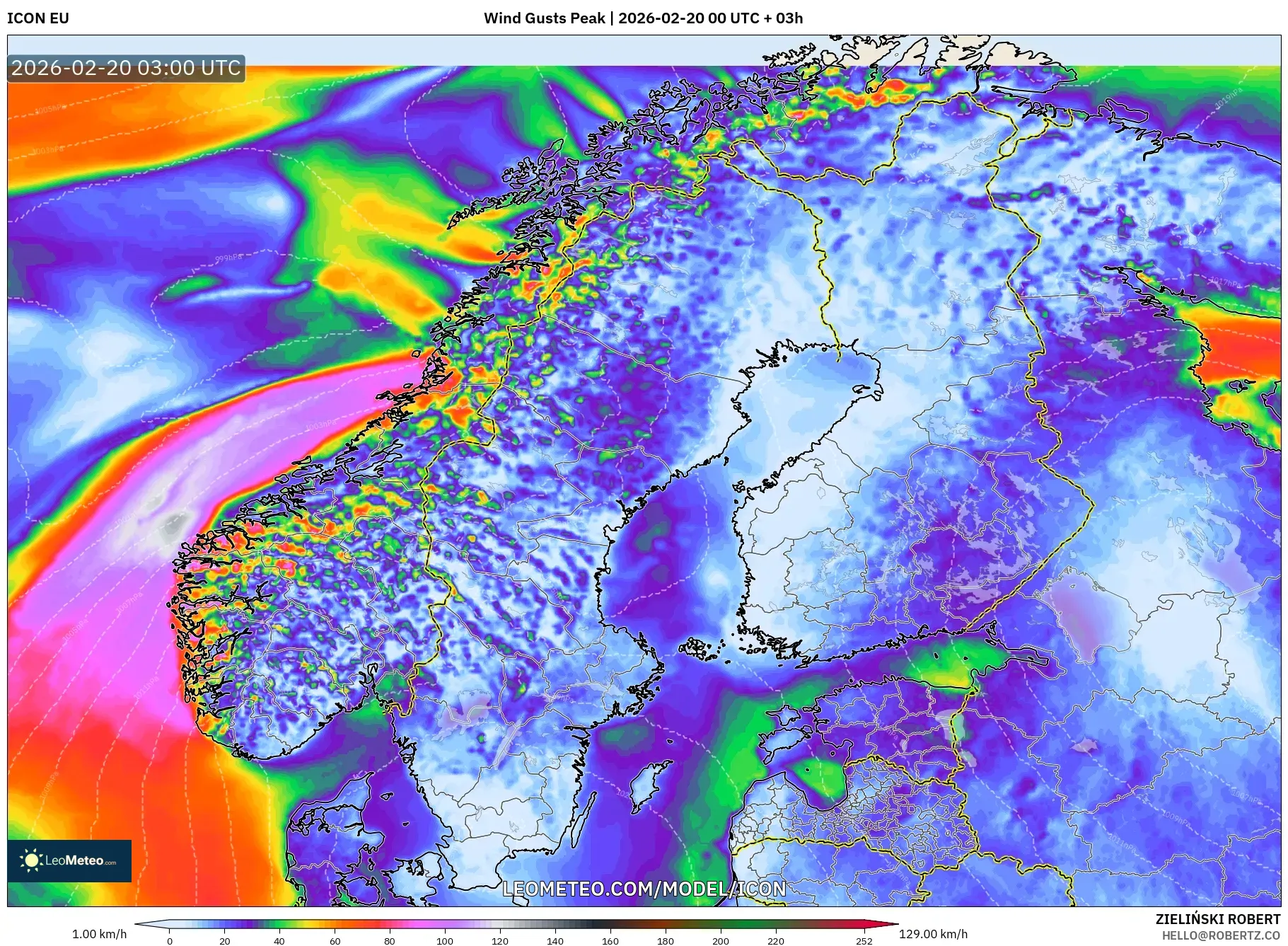 ICON model - Scandinavia, Wind Gusts Peak