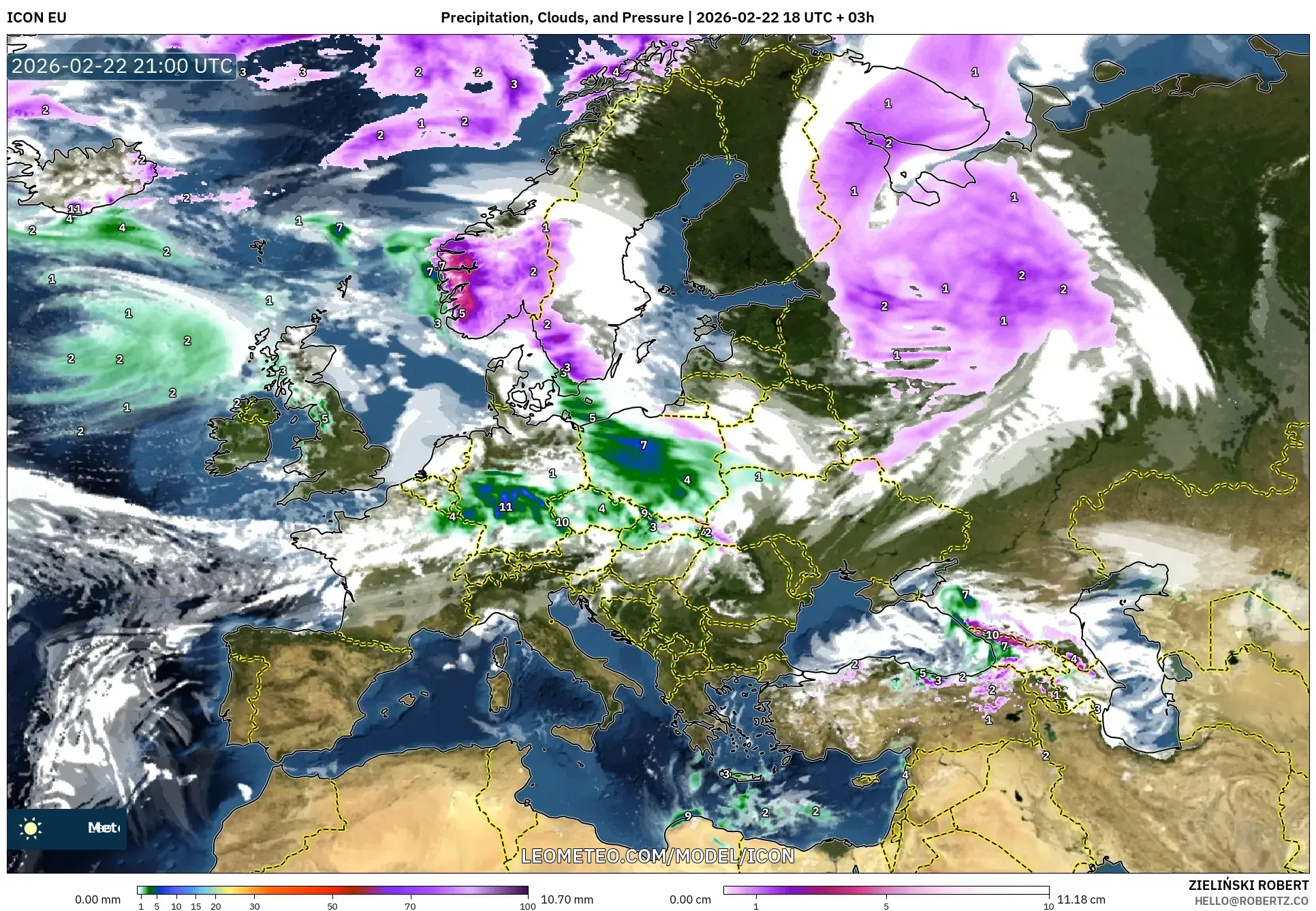 ICON model - أوروبا, الهطول والغيوم والضغط