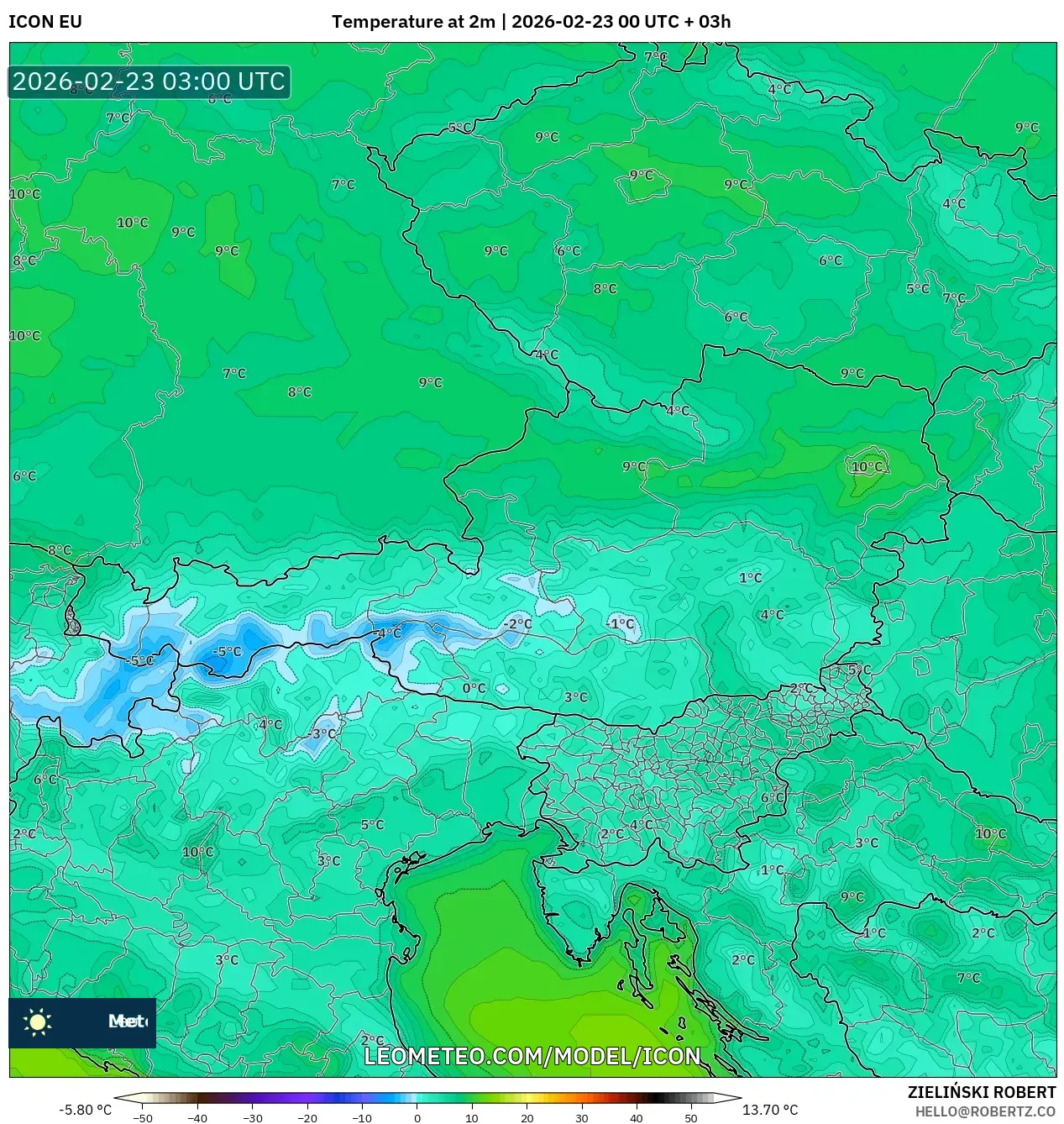 ICON model - النمسا, درجة الحرارة على ارتفاع 2 م