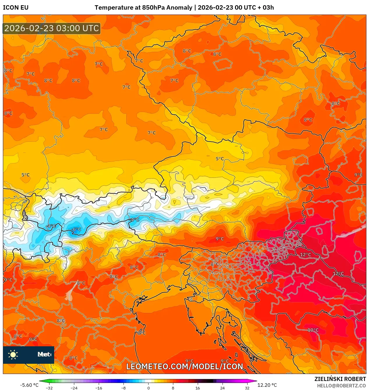 ICON model - النمسا, انحراف درجة الحرارة 850 hPa