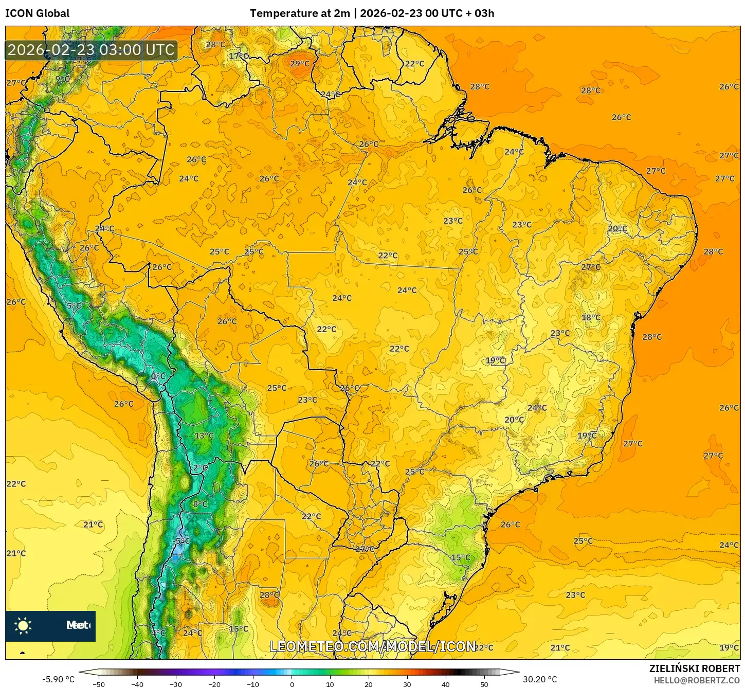 ICON model - البرازيل, درجة الحرارة على ارتفاع 2 م