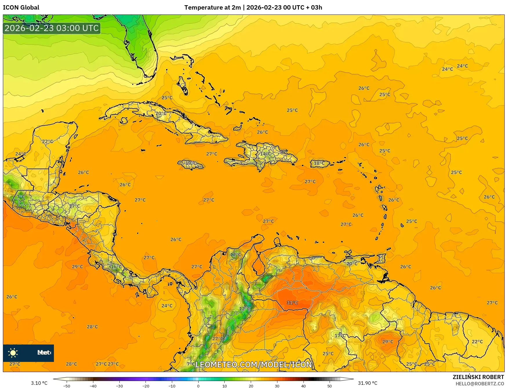 ICON model - الكاريبي, درجة الحرارة على ارتفاع 2 م