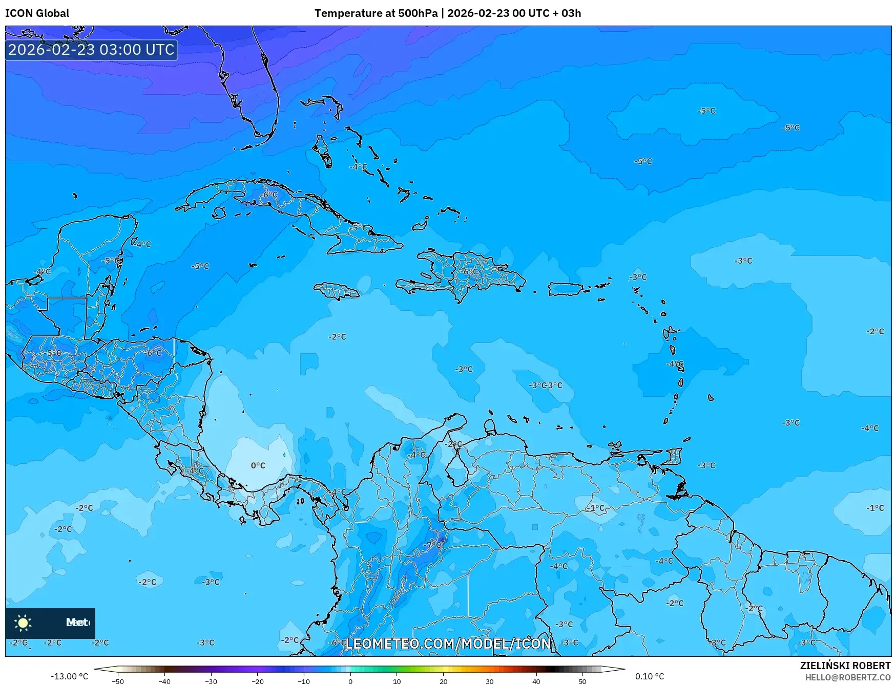 ICON model - الكاريبي, درجة الحرارة 500 hPa