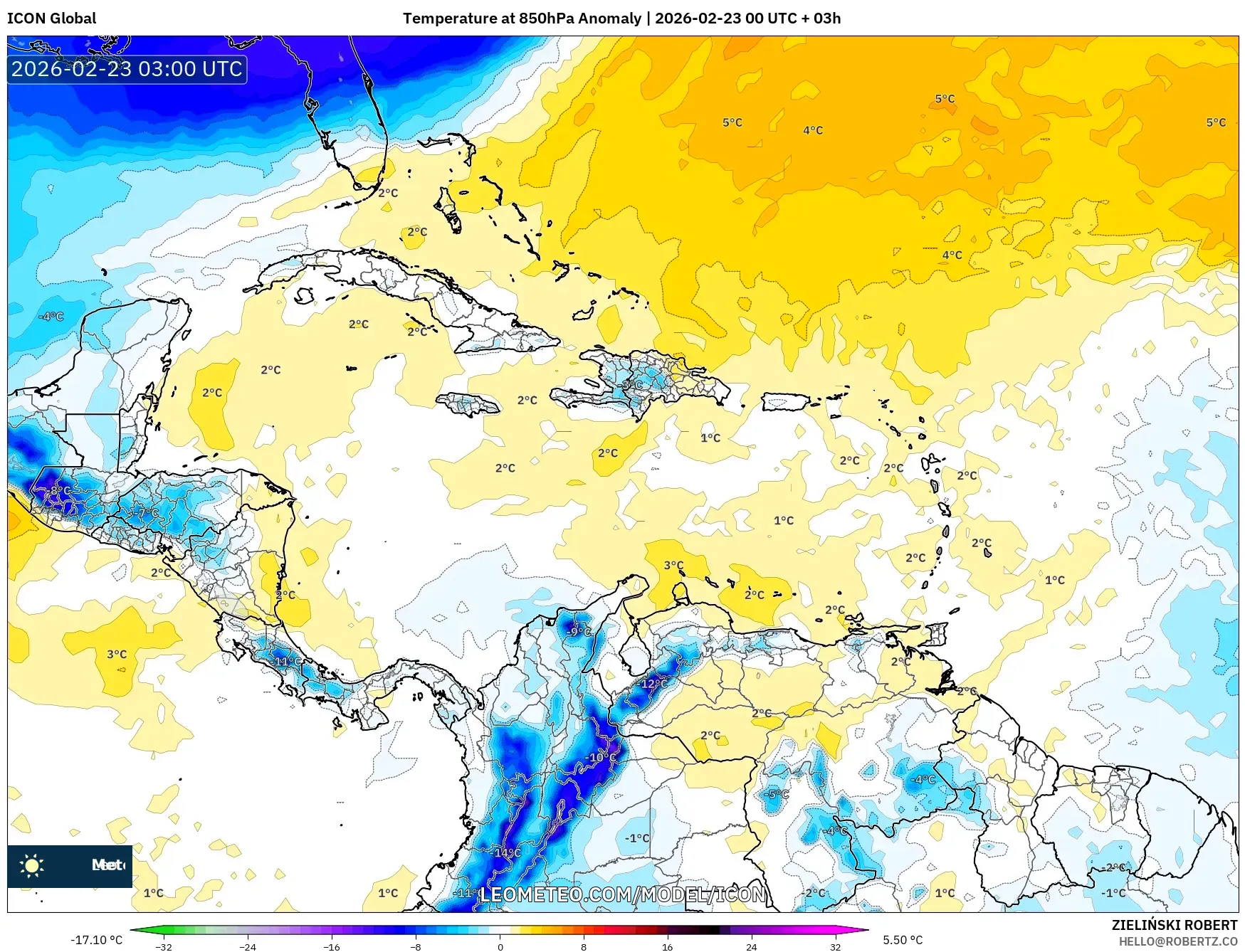 ICON model - الكاريبي, انحراف درجة الحرارة 850 hPa