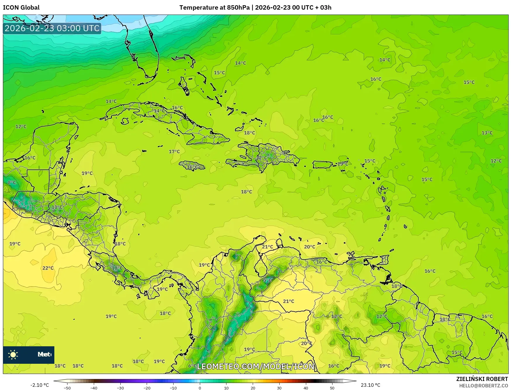 ICON model - الكاريبي, درجة الحرارة 850 hPa
