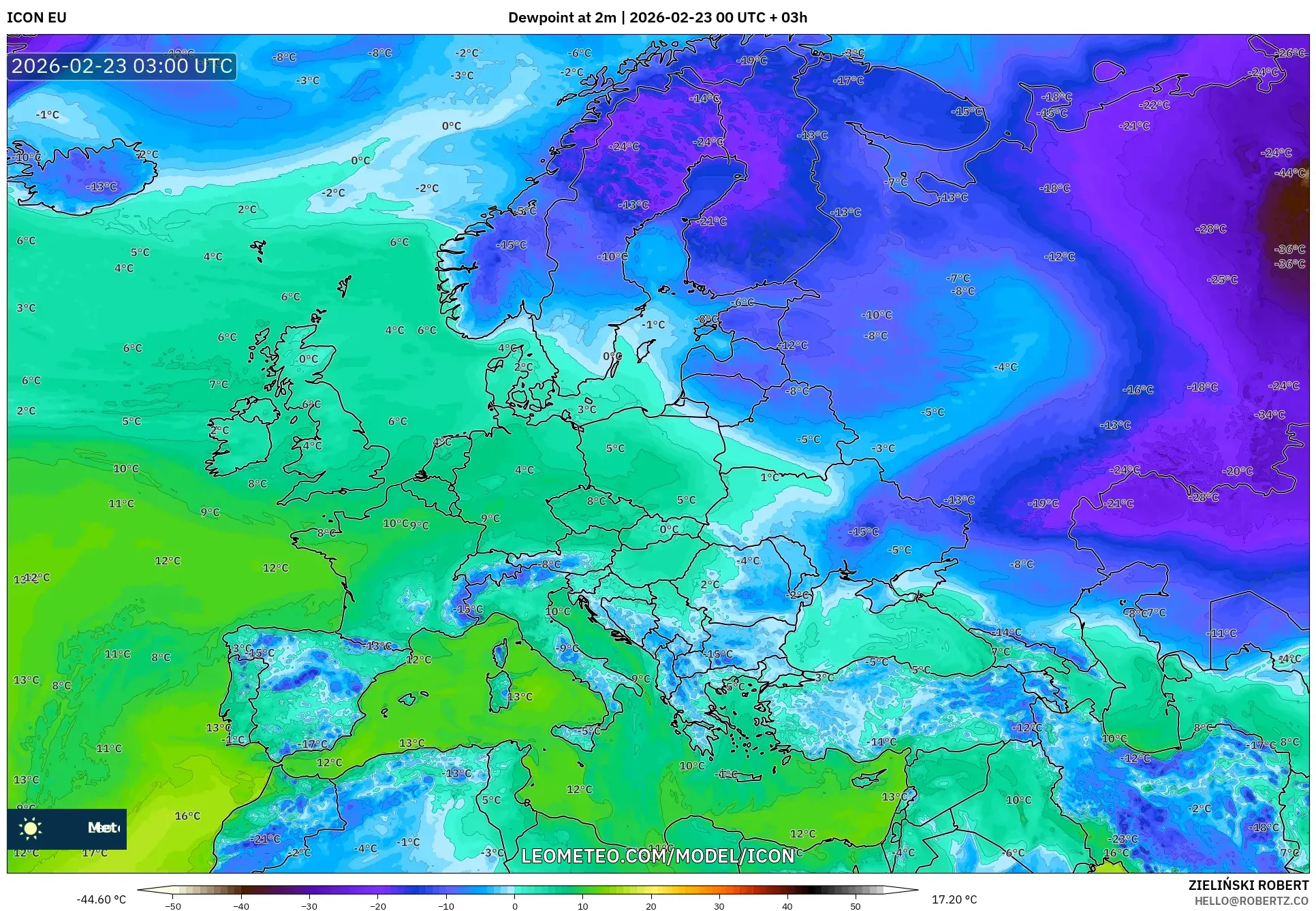 ICON model - أوروبا, نقطة الندى 2 م