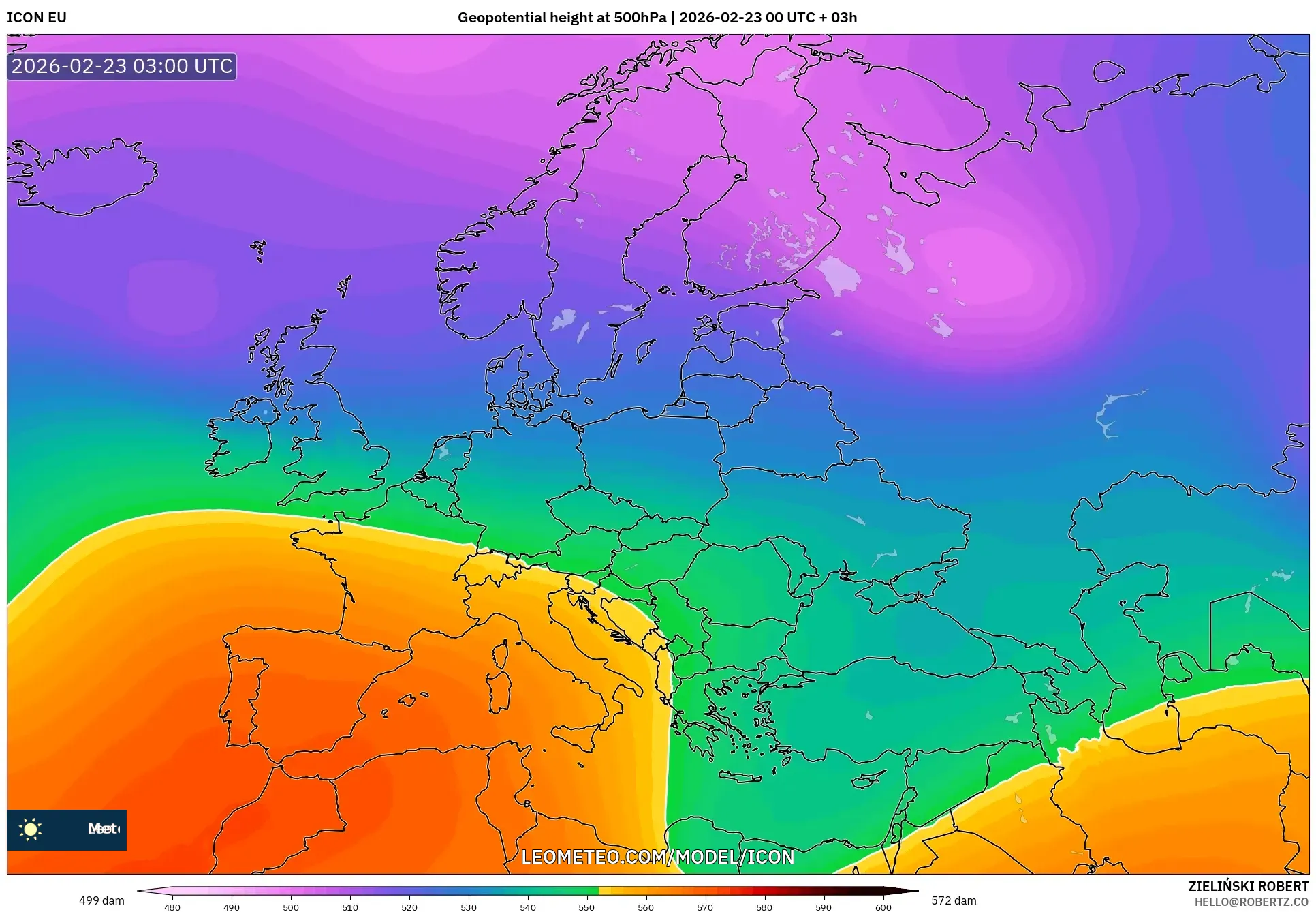 ICON model - أوروبا, الارتفاع الجهدي عند 500 هكتوباسكال