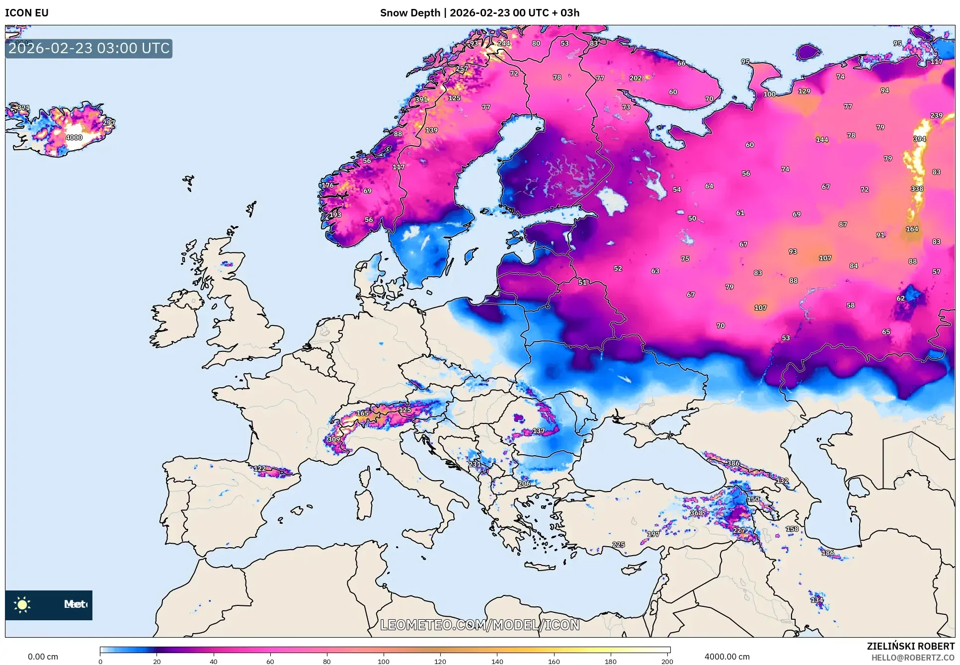 ICON model - أوروبا, عمق الثلج