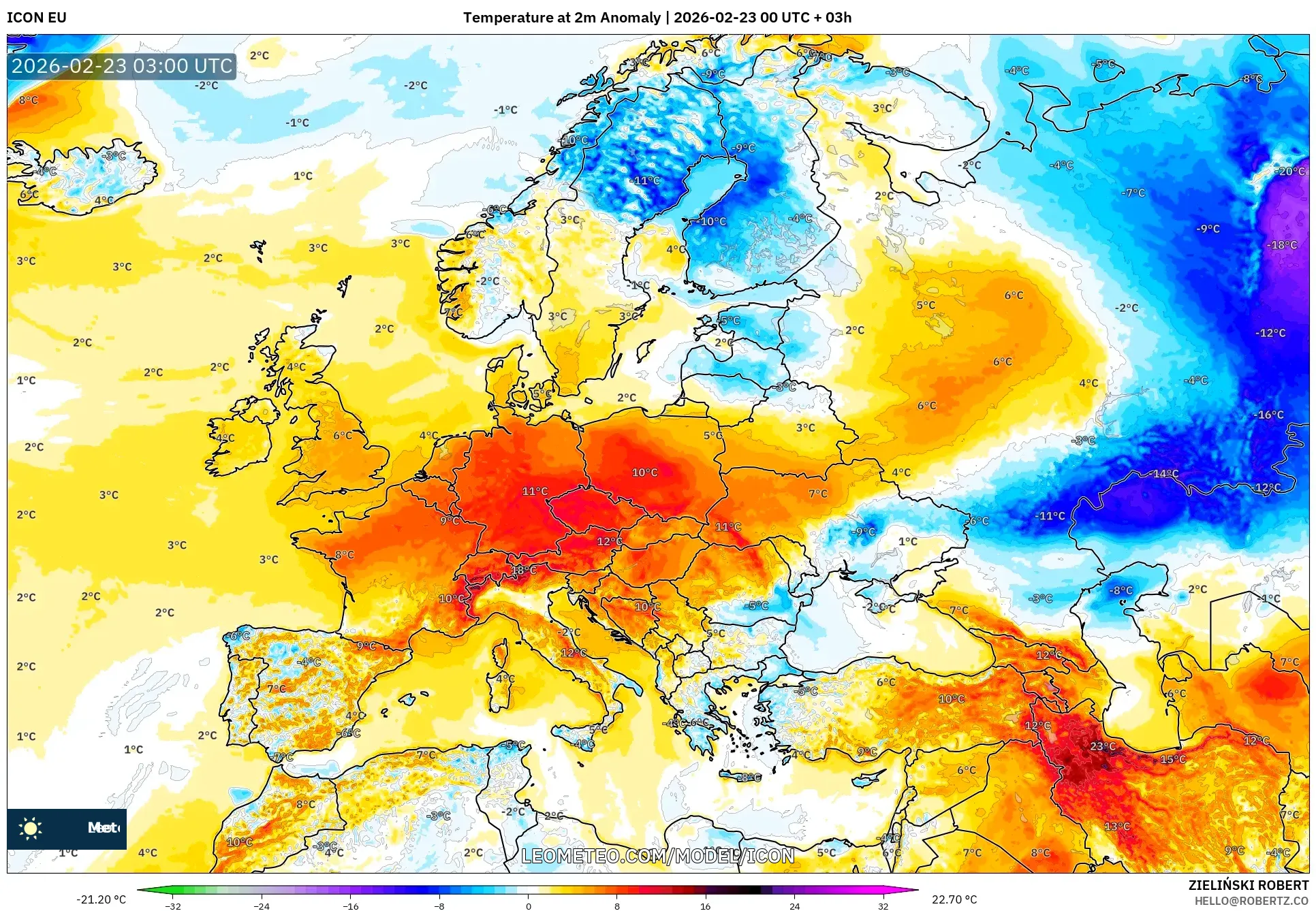 ICON model - أوروبا, انحراف درجة الحرارة 2 م