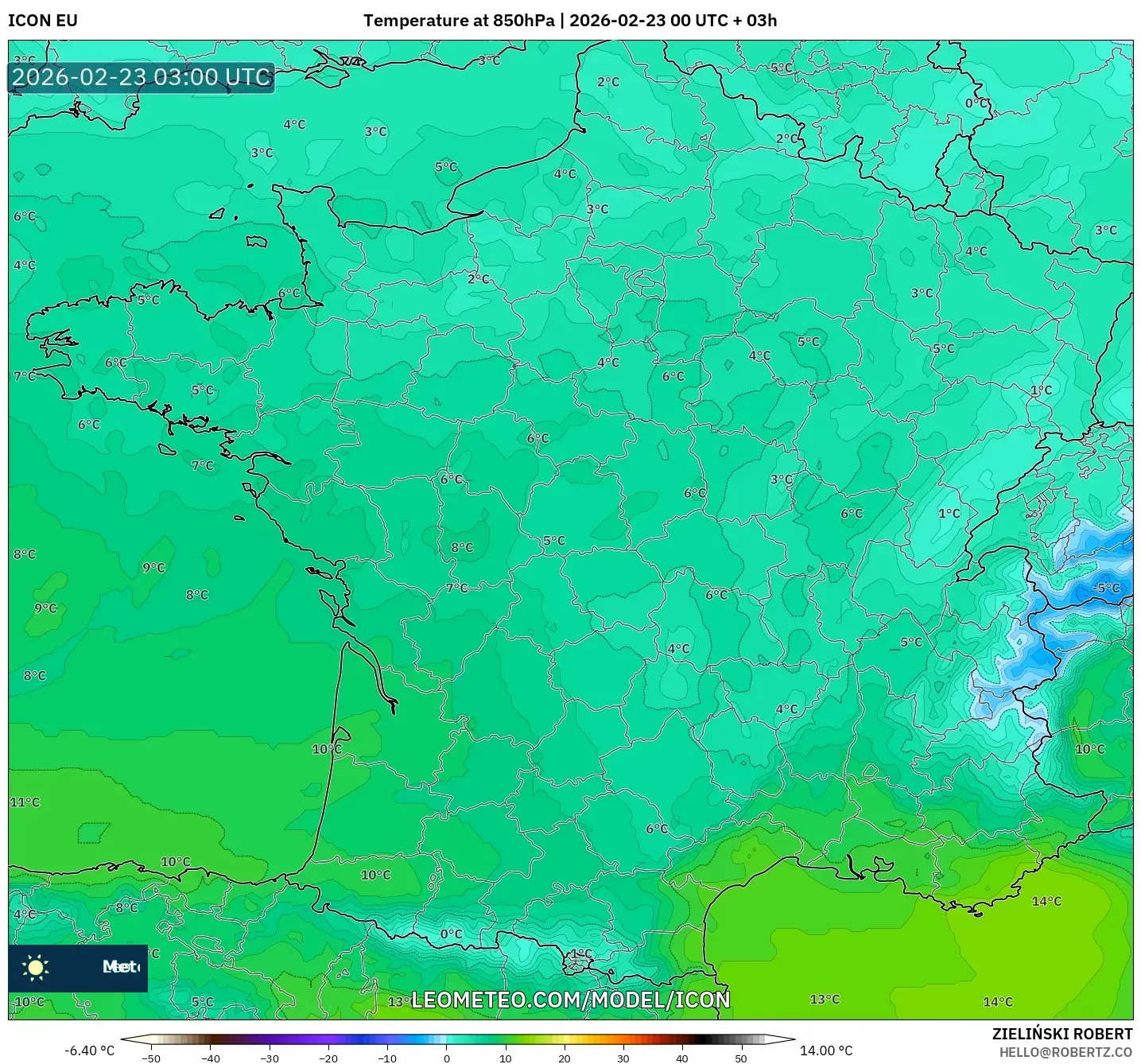 ICON model - فرنسا, درجة الحرارة 850 hPa