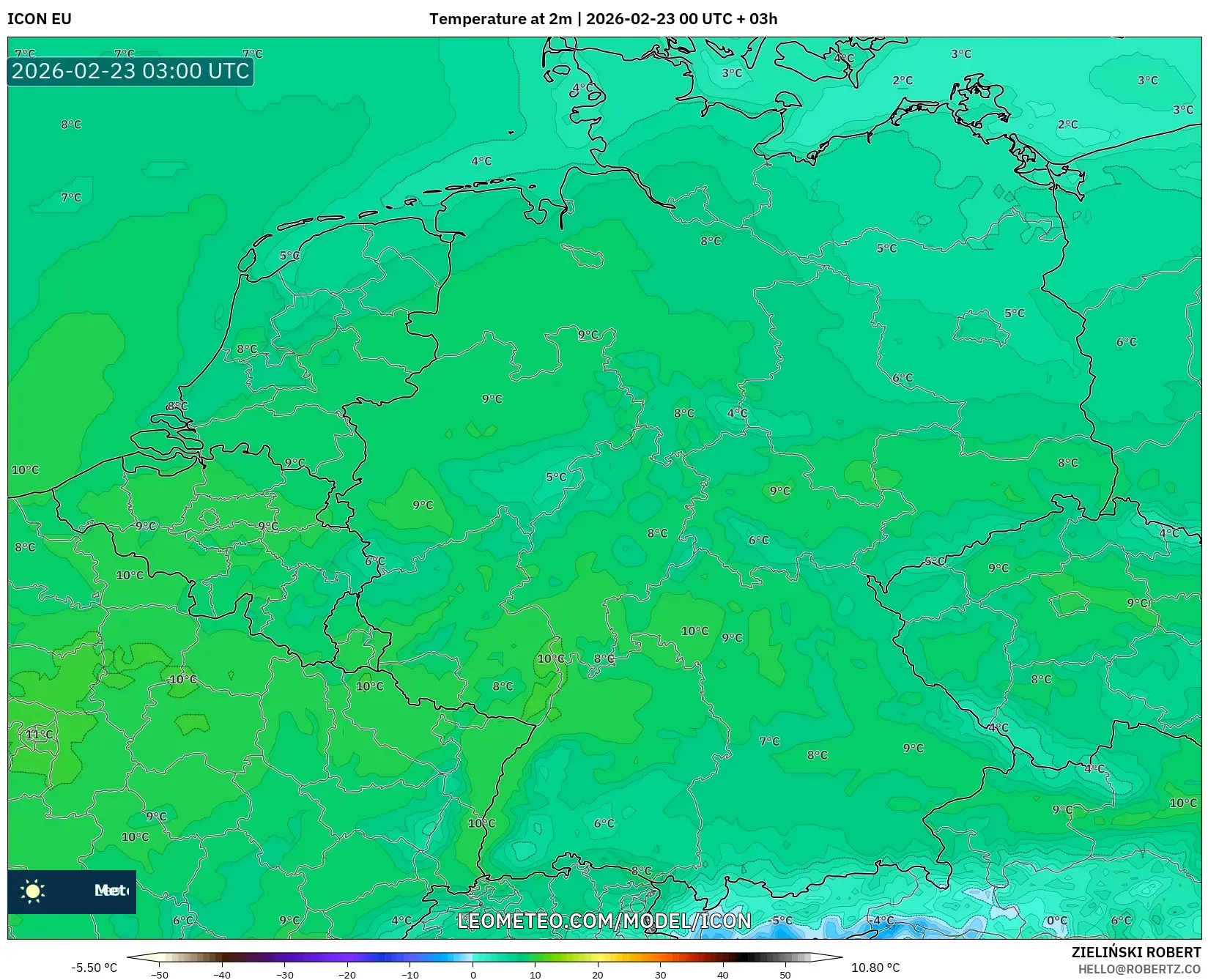 ICON model - ألمانيا, درجة الحرارة على ارتفاع 2 م
