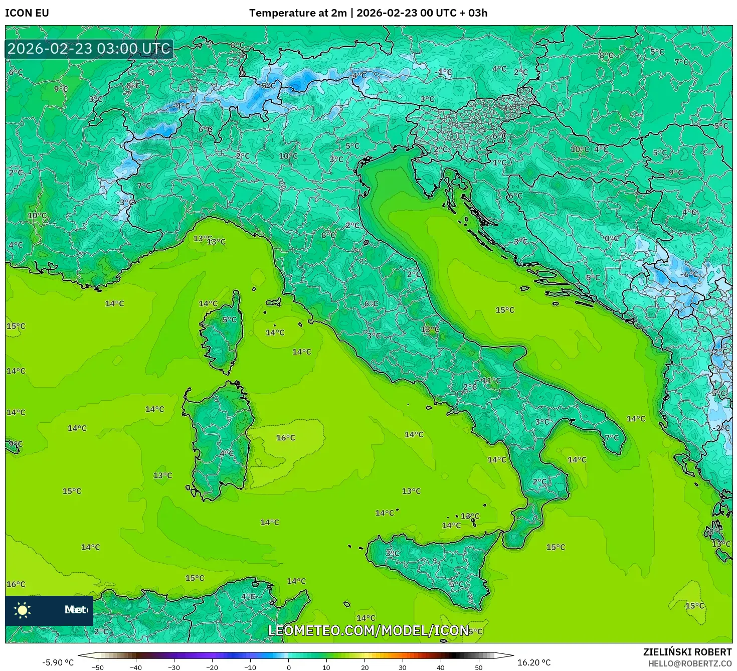 ICON model - إيطاليا, درجة الحرارة على ارتفاع 2 م