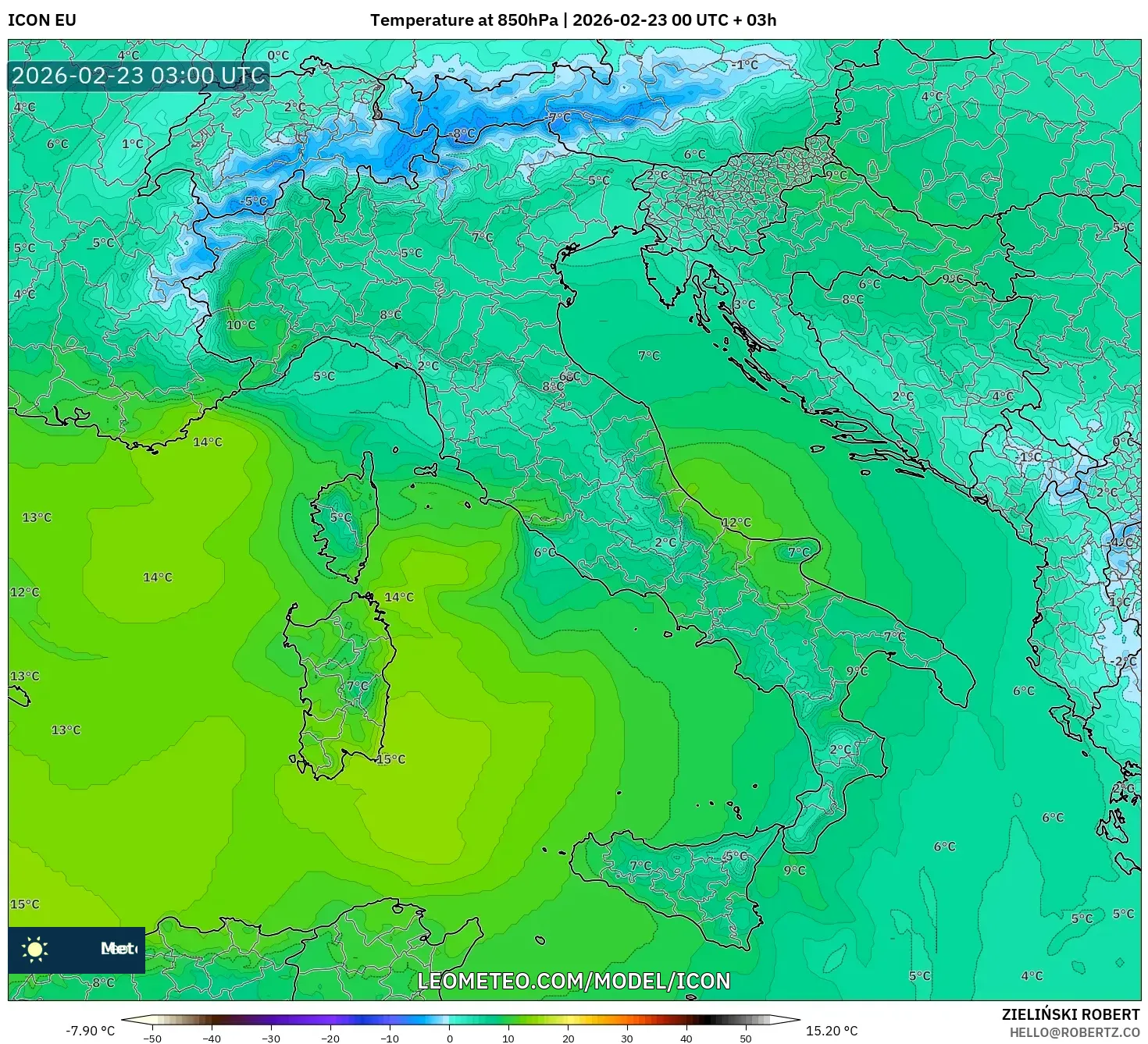 ICON model - إيطاليا, درجة الحرارة 850 hPa