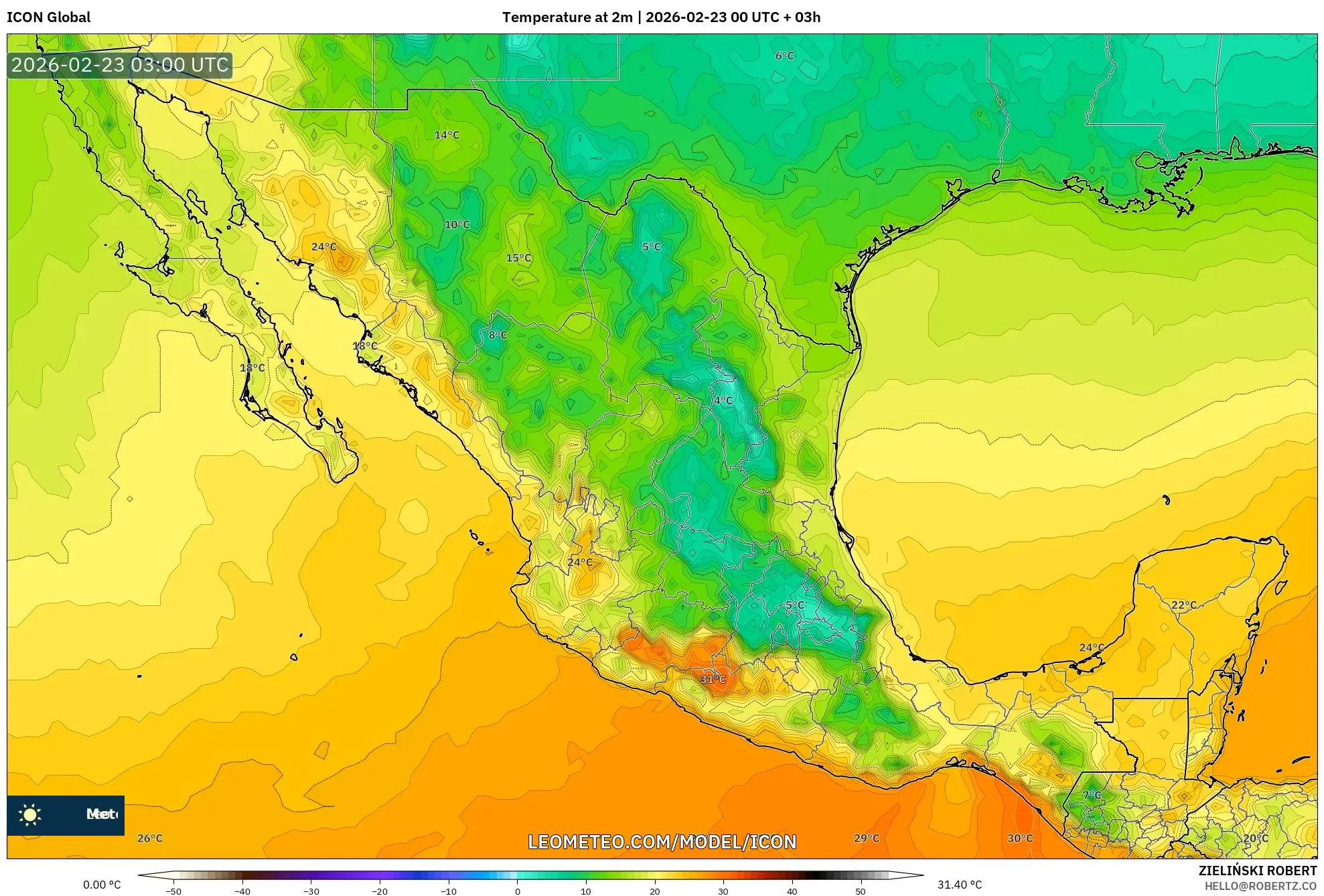 ICON model - المكسيك, درجة الحرارة على ارتفاع 2 م