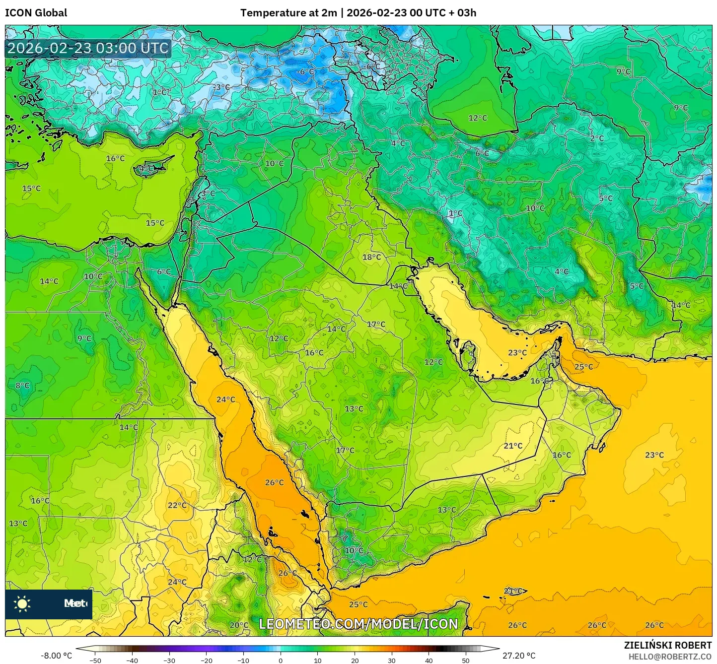 ICON model - الشرق الأوسط, درجة الحرارة على ارتفاع 2 م