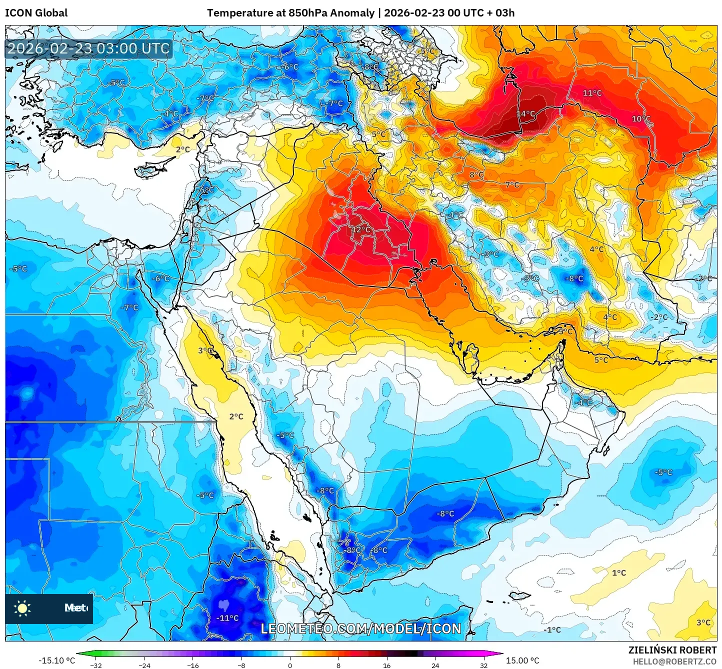 ICON model - الشرق الأوسط, انحراف درجة الحرارة 850 hPa