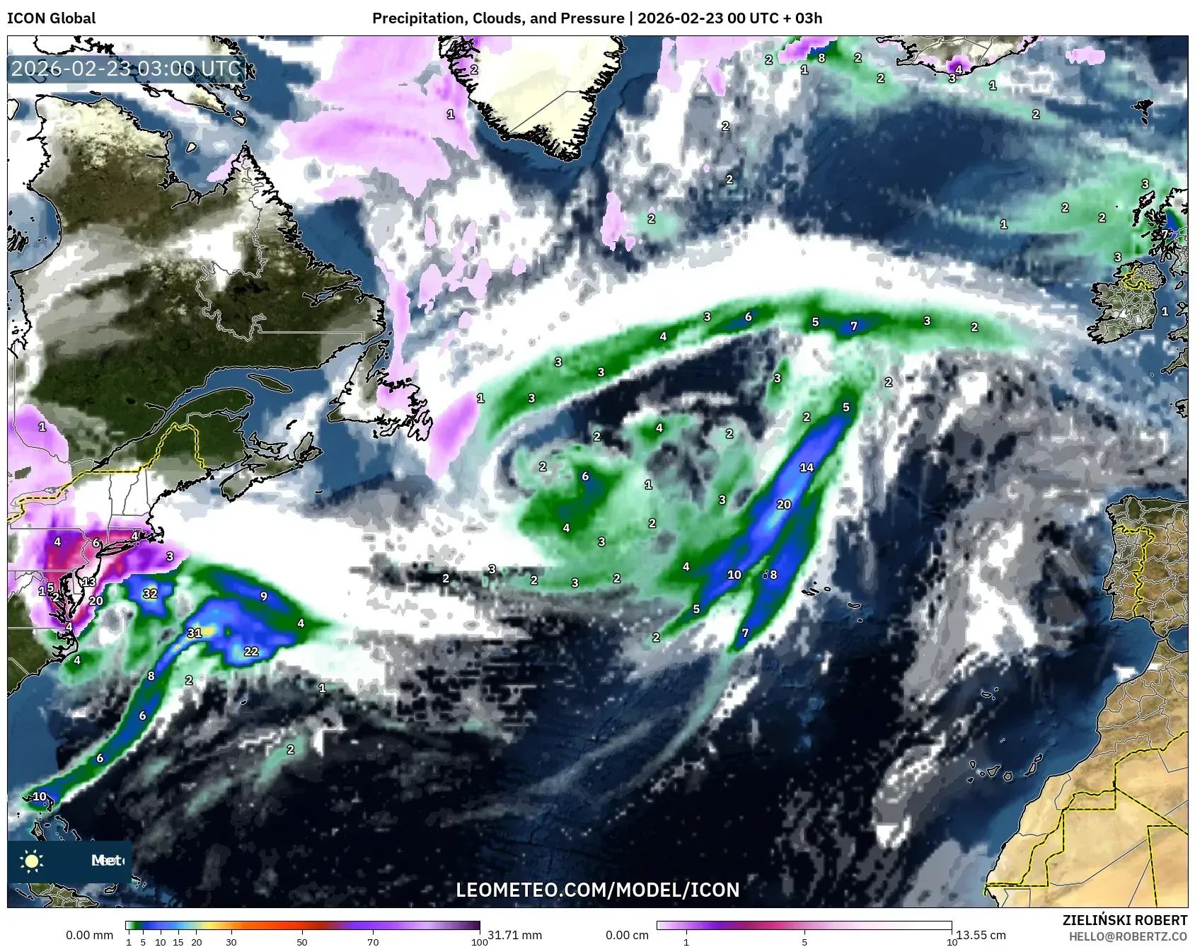 ICON model - شمال الأطلسي, الهطول والغيوم والضغط