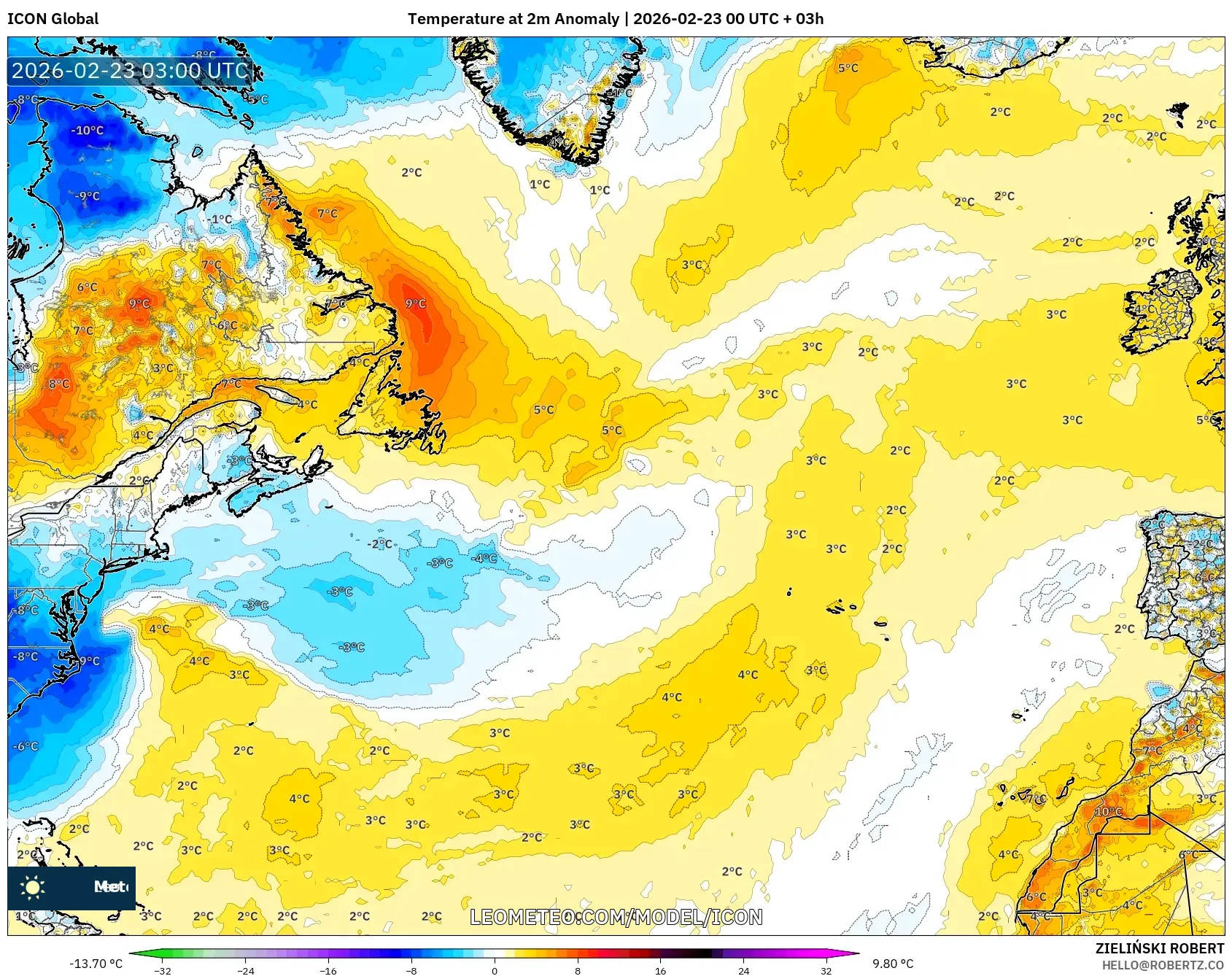 ICON model - شمال الأطلسي, انحراف درجة الحرارة 2 م
