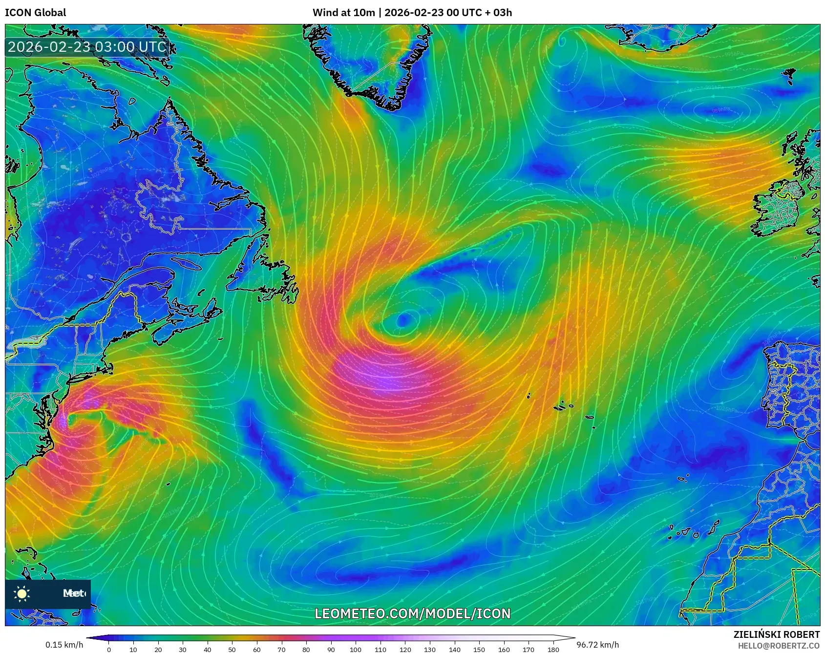 ICON model - شمال الأطلسي, رياح 10 م