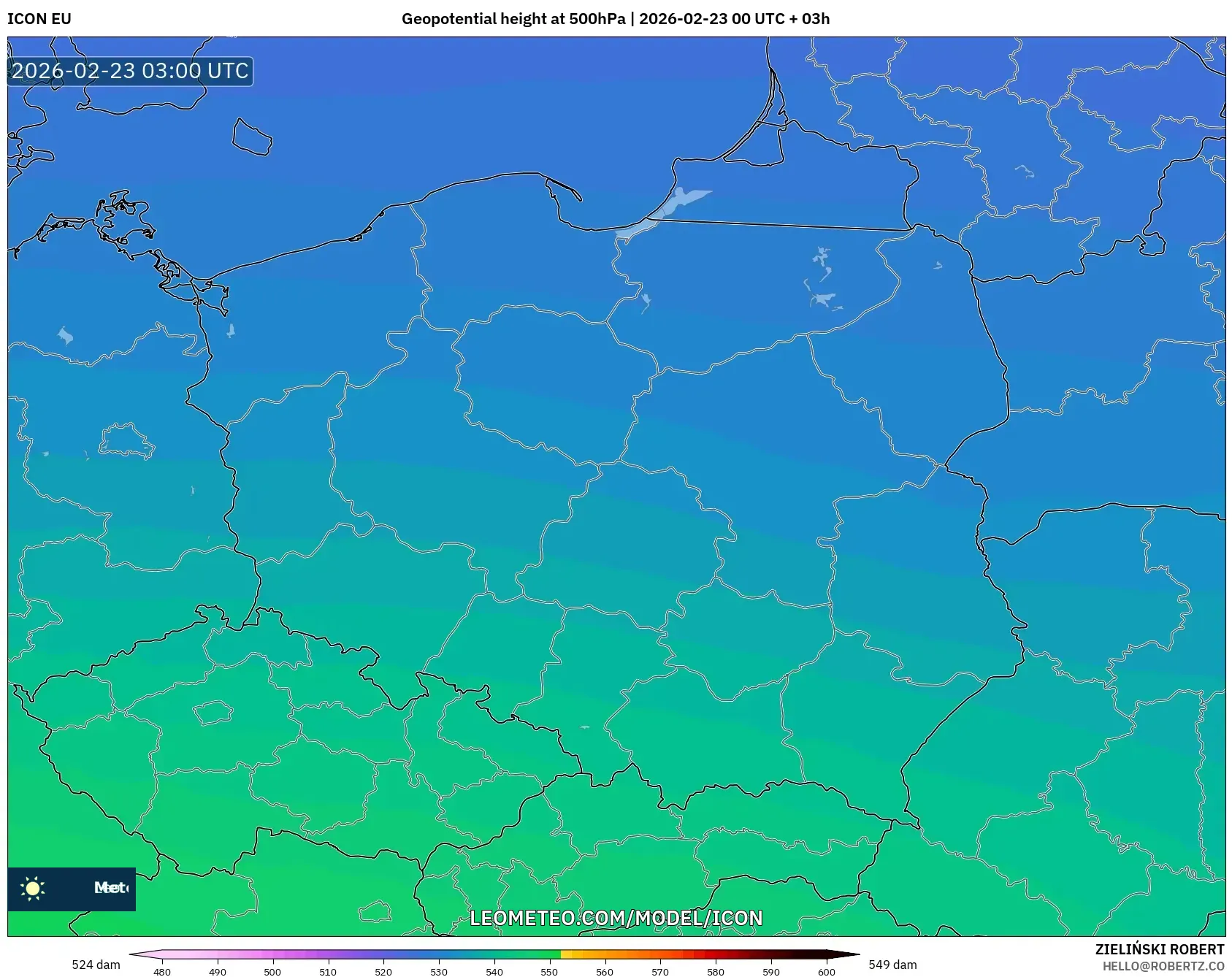 ICON model - بولندا, الارتفاع الجهدي عند 500 هكتوباسكال
