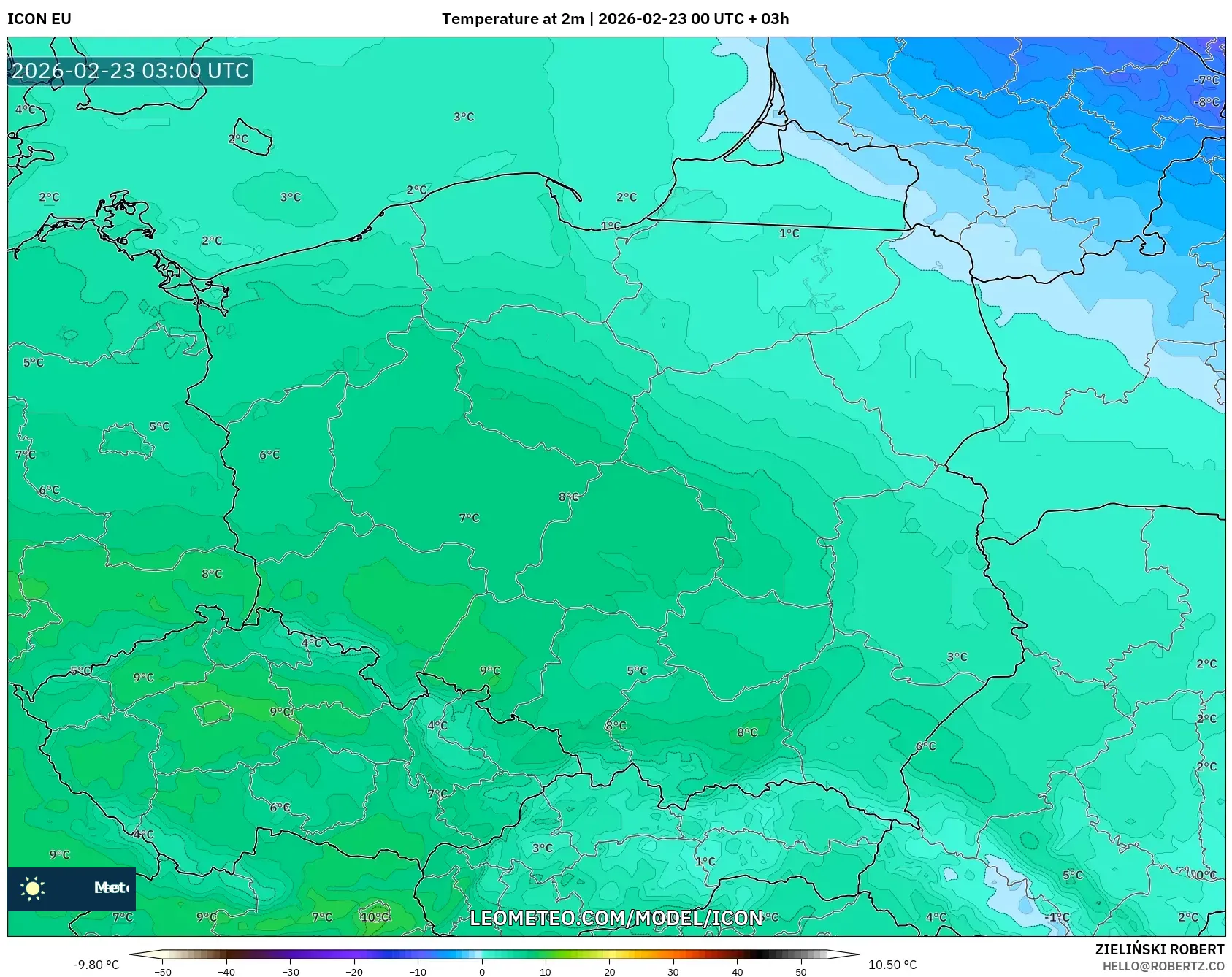 ICON model - بولندا, درجة الحرارة على ارتفاع 2 م