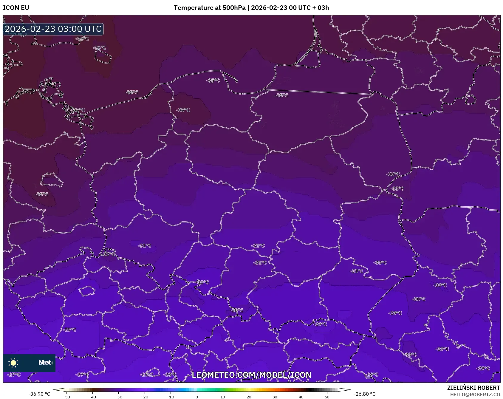 ICON model - بولندا, درجة الحرارة 500 hPa