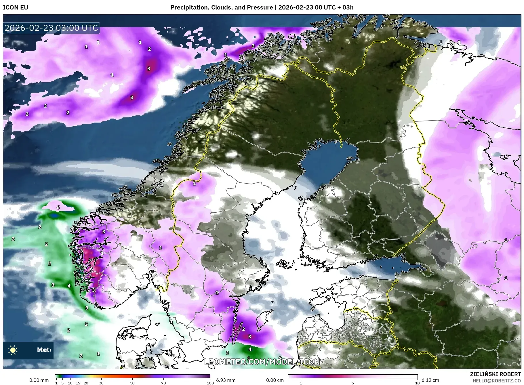 ICON model - إسكندنافيا, الهطول والغيوم والضغط