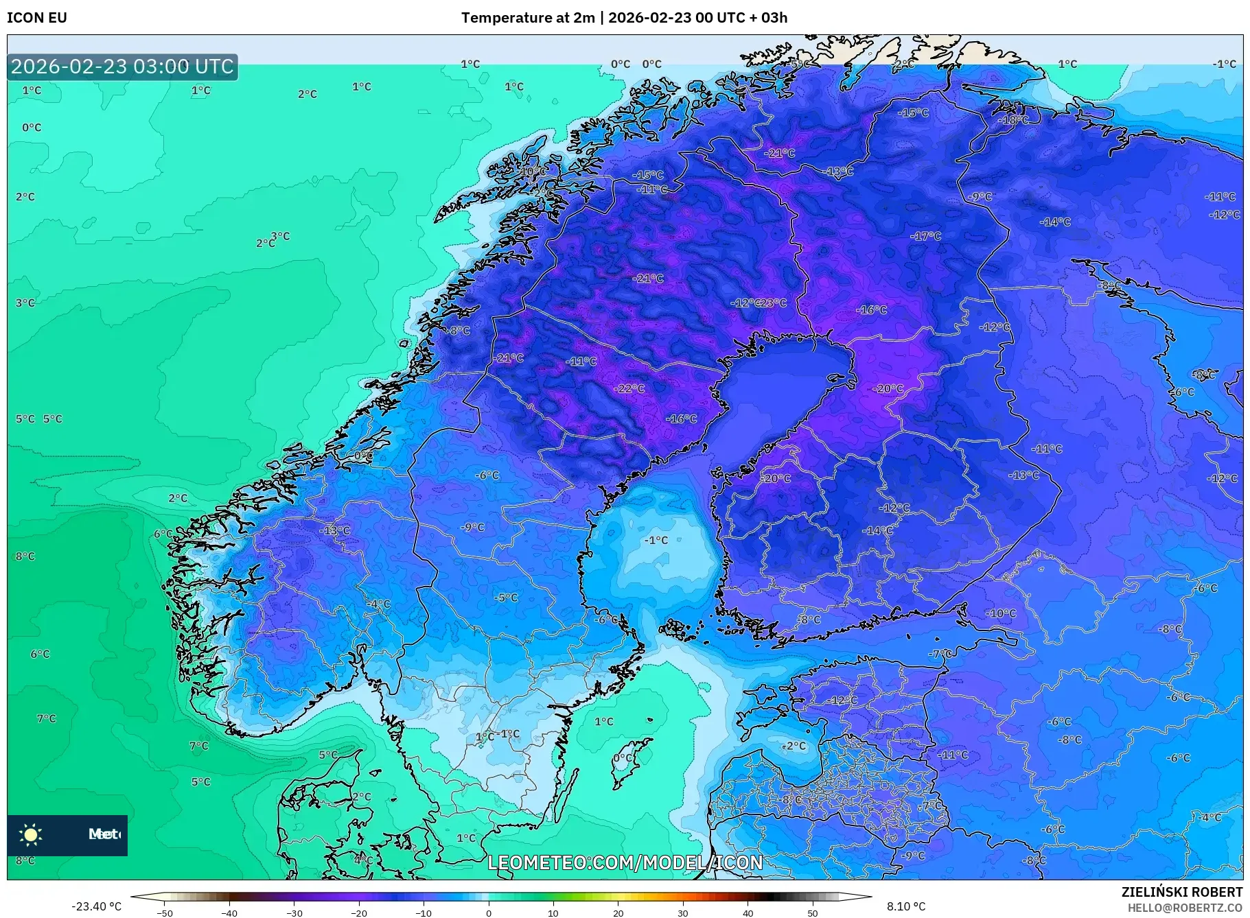 ICON model - إسكندنافيا, درجة الحرارة على ارتفاع 2 م